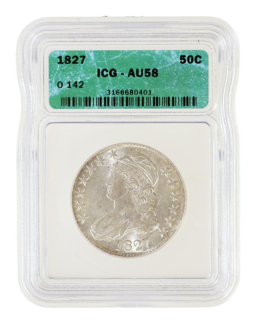 U.S. 1827 CAPPED BUST HALF DOLLAR, ICG AU58: U.S. 1827 Capped Bust half dollar, housed in ICG slab, graded AU58, #3166680401 **PLEASE NOTE: ALL coin / currency purchases totaling $300 or more MUST BE PAID BY CASH OR BANK WIRE. NO credit card pay