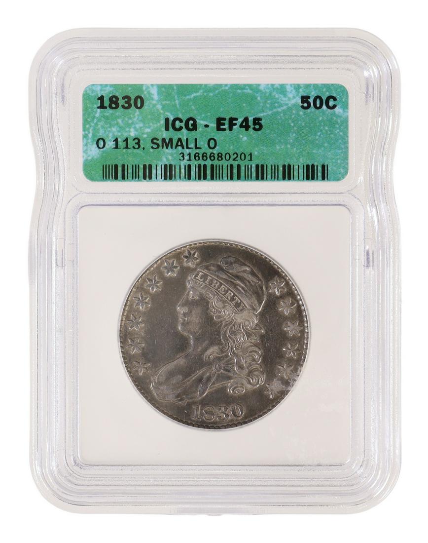U.S. 1830 CAPPED BUST HALF DOLLAR, ICG EF-45: U.S. 1830 Capped Bust half dollar, housed in ICG slab, graded EF-45, #3166680201 **PLEASE NOTE: ALL coin / currency purchases totaling $300 or more MUST BE PAID BY CASH OR BANK WIRE. NO credit card pa
