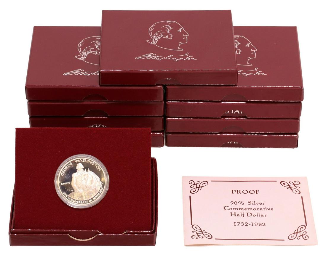 (10) US WASHINGTON COMMEMORATIVE 1982 PROOF HALF D: (lot of 10) US Mint George Washington Commemorative Proof half dollar, 250th Anniversary of his birth, 90% silver in original U.S. Mint packaging **PLEASE NOTE: ALL coin / currency purchases totaling