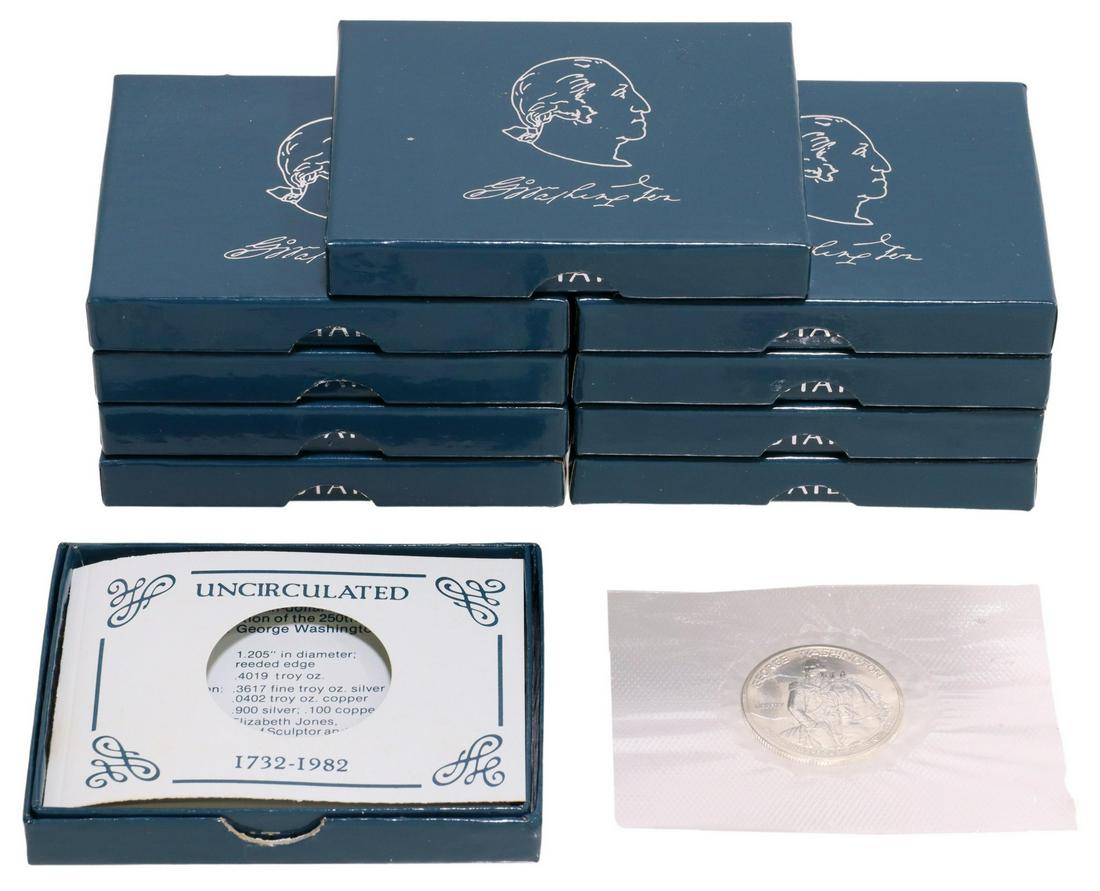 (10) US WASHINGTON COMMEMORATIVE 1982 UNCIR HALF: (lot of 10) US Mint George Washington Commemorative Uncirculated half dollars, 250th Anniversary of his birth, 90% silver in original U.S. Mint packaging **PLEASE NOTE: ALL coin / currency purchases t