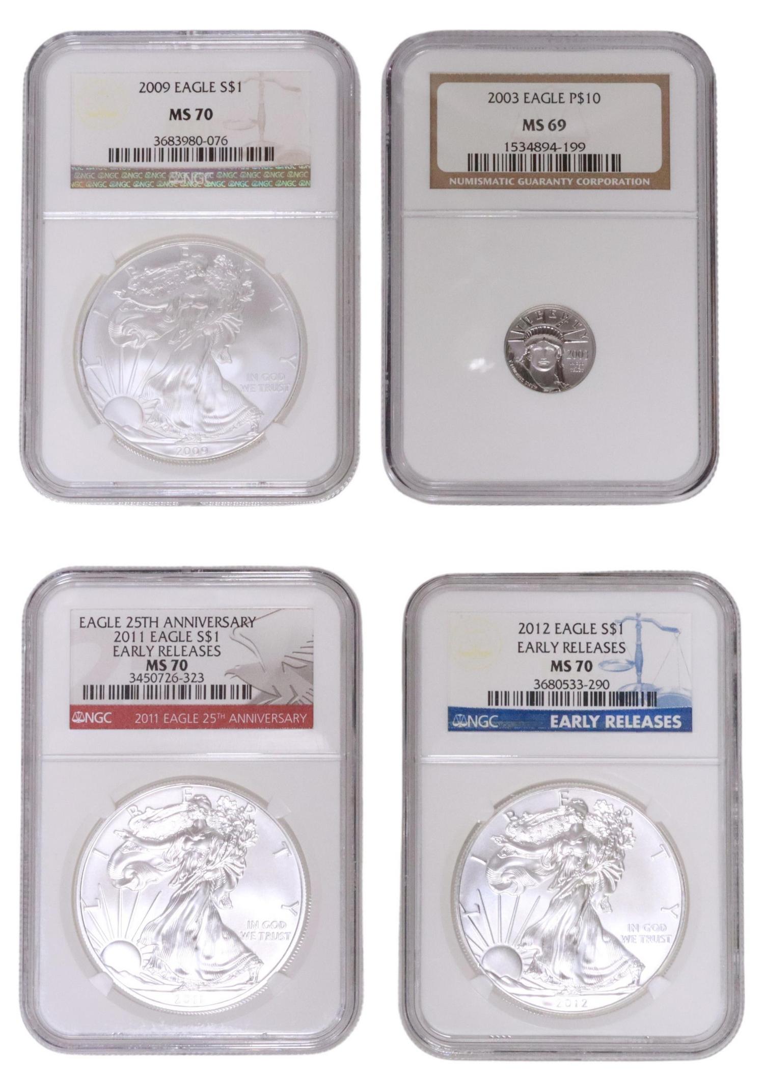 (4)US COINS P$10 & $1 EAGLE NGC MS 69 70 PLATINUM: (4) U.S. Eagle Coins, NGC graded, house in sealed plastic slabs (1) 2003, Eagle $10 Platinum, .9995, 1/10 oz. MS 69; (1) 2011 Eagle $1, 25th Anniversary, Early Releases, MS 70; (1) 2012 Eagle, $1, Ear