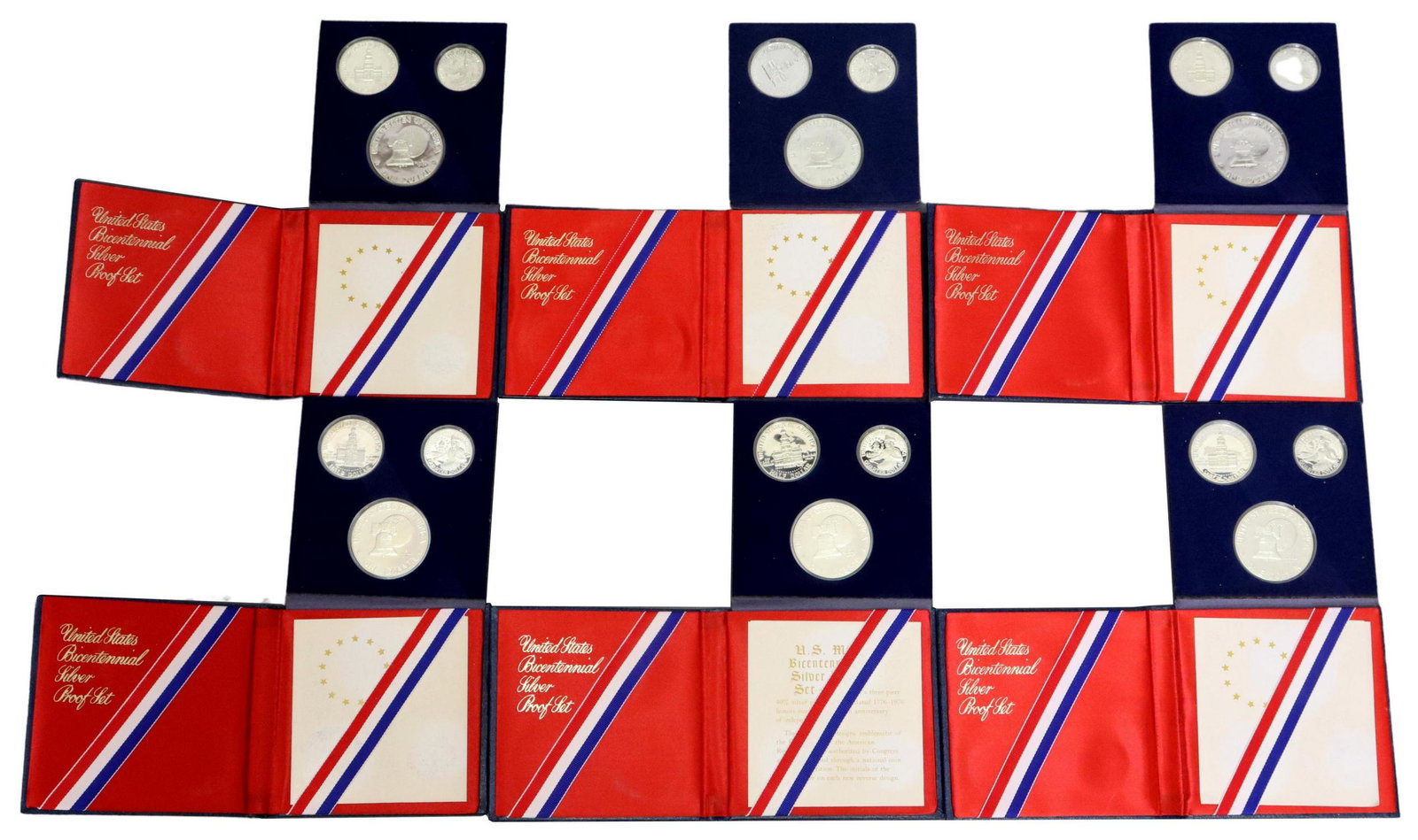 (6) US BICENTENNIAL SILVER 3 COIN PROOF SETS: (lot of 6) U.S. Bicentennial Silver Proof Sets, 1776-1976, each set with three coins, Eisenhower Dollar, Kennedy Half Dollar, Washington Quarter Dollar, housed in US Mint patriotic folder **PLEASE NOT