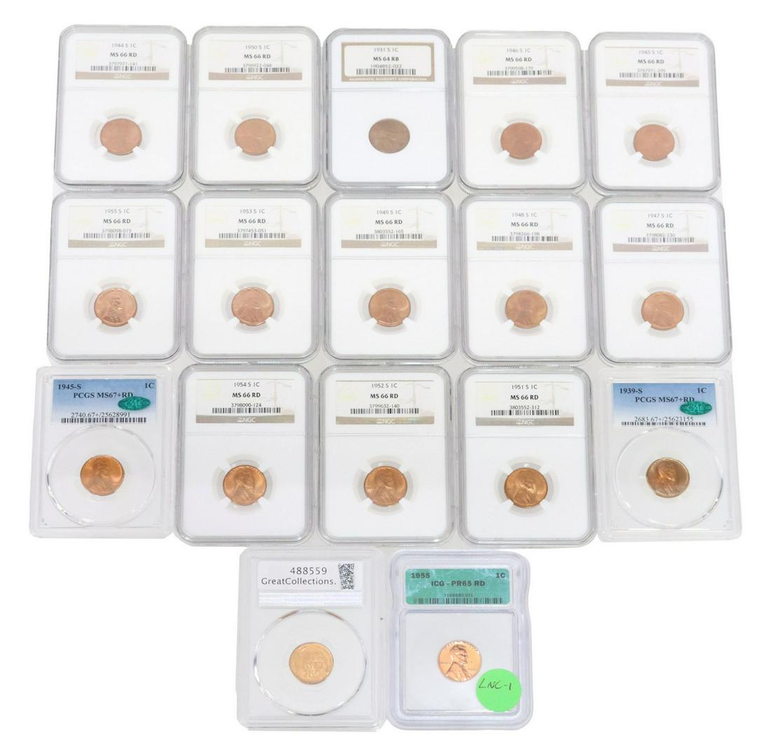 (17) US ONE CENT PENNY GRADED, SLABS: (lot of 17) US One Cent coins in plastic slabs, most graded by PCGS and NGC, most San Francisco Mint: (1) 1931S, MS 64 RB; (1) 1938S, MS 67, RD; (1) 1939S, MS 67 RD; (1) 1944S, MS 66 RD; (1) 1945 S, M