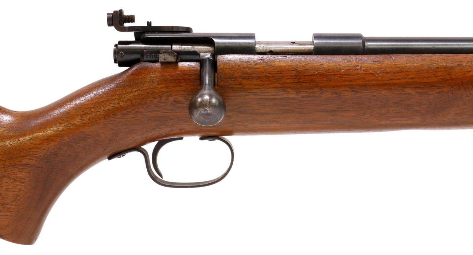 WINCHESTER M72 RIFLE, .22S,L,LR CALIBER: Winchester Model 72 rifle, .22SLLR caliber, bolt action, 24" barrel, hooded front sight, rear peep sight, hardwood stock, wood light scratching and light dents, metal light scratching, action good, bo