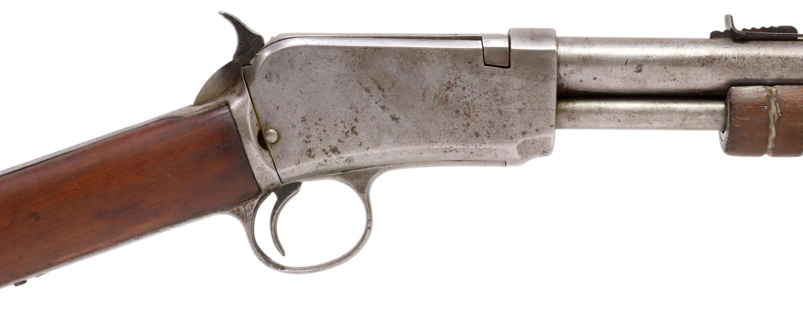 WINCHESTER MODEL 1906 PUMP RIFLE, .22 CALIBER: Winchester Model 1906 take down rifle, Standard Model, slide action, .22S,L,LR caliber, 19" barrel, tubular magazine, hardwood stock, metal is all silver tone with no bluing remaining, wood in good co