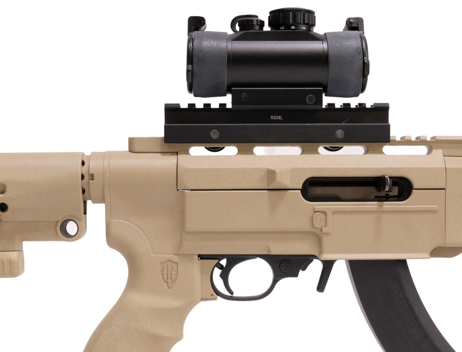 RUGER 10/22 ARCHANGEL TACTICAL STOCK: Ruger 10.22 rifle with Archangel Rifle,.22LR caliber, tan tactical stock with accessory rails, mounted polymer "display" bayonet (very sharp), front hand grip, 25 round magazine, adjustable length rea
