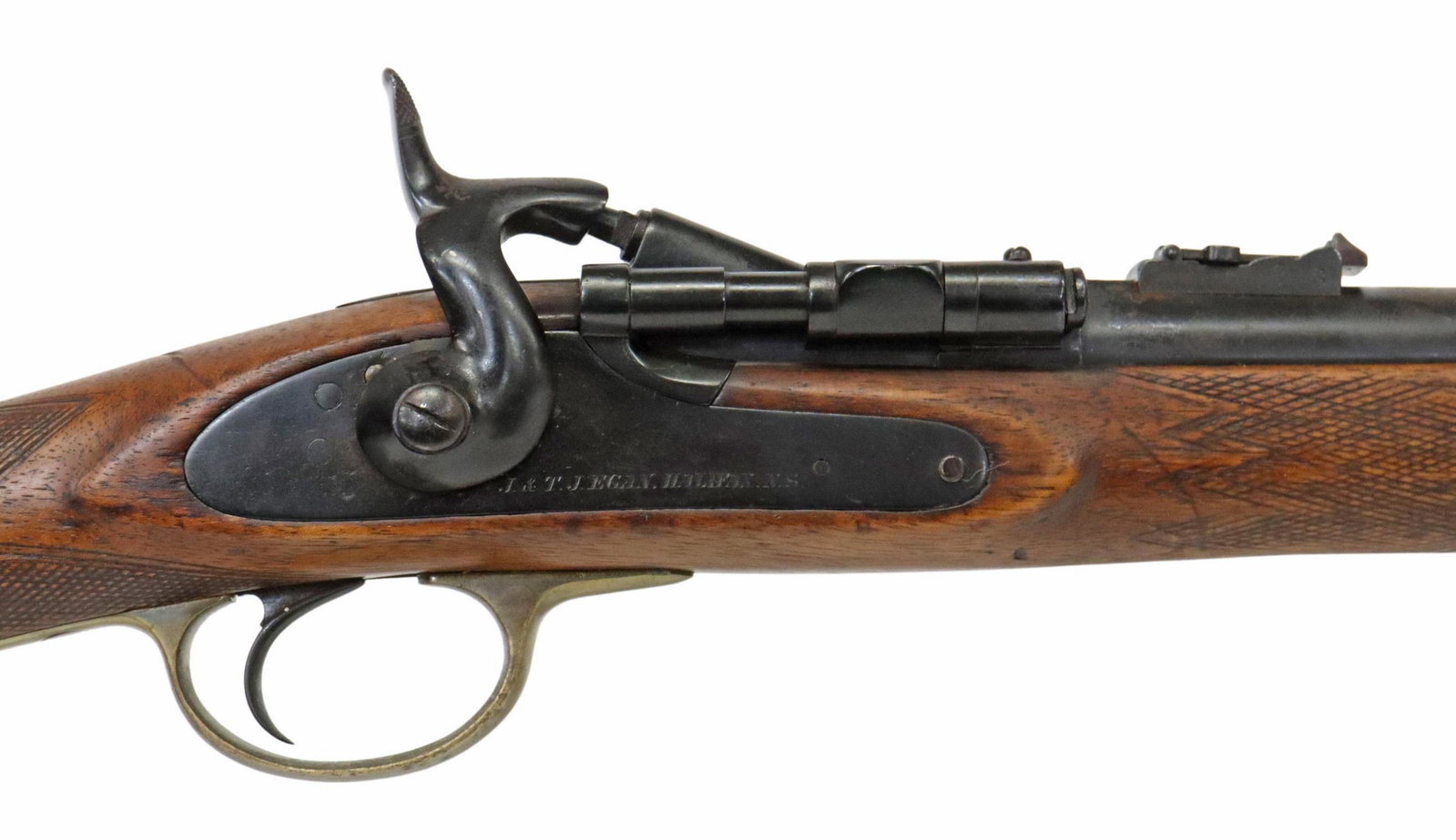 CANADA SNIDER PAT BREECH LOAD .50 CALIBER CARBIINE: Canadian Snider Patent Breech Load Carbine, .50 caliber, 20" barrel, fixed front sight, adjustable rear sight, lift up hinged breech block marked at the top Snider Patent with arrow through S, checker