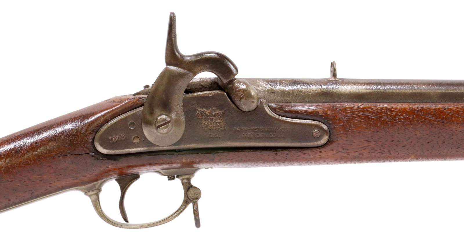 U.S. CIVIL WAR CONTRACT MUSKET, PARKER, SNOW 1863: United States contract Civil War musket, marked at right lock plate "1863, eagle over U.S., Parkers, Snow & Co., Meriden, Conn.", .58 caliber, 40" round barrel, three barrel bands marked "U", upper bu
