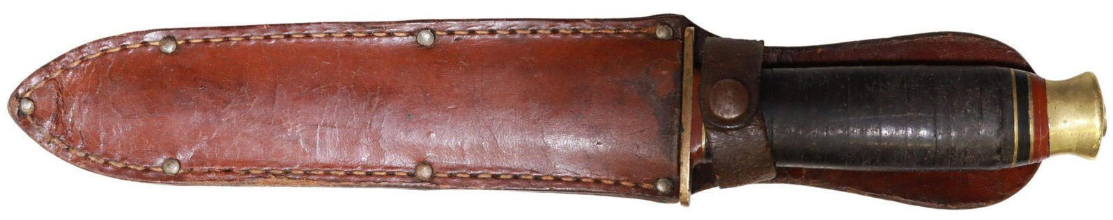 BRITISH WWII COMBAT KNIFE, SOUTHERN & RICHARDSON: British WW2 fighting knife by Southern & Richardson, Sheffield, England, 7.5" double edge blade with maker's name under birds nest mark, stacked leather washer handle, brass guard and pommel, knife ov
