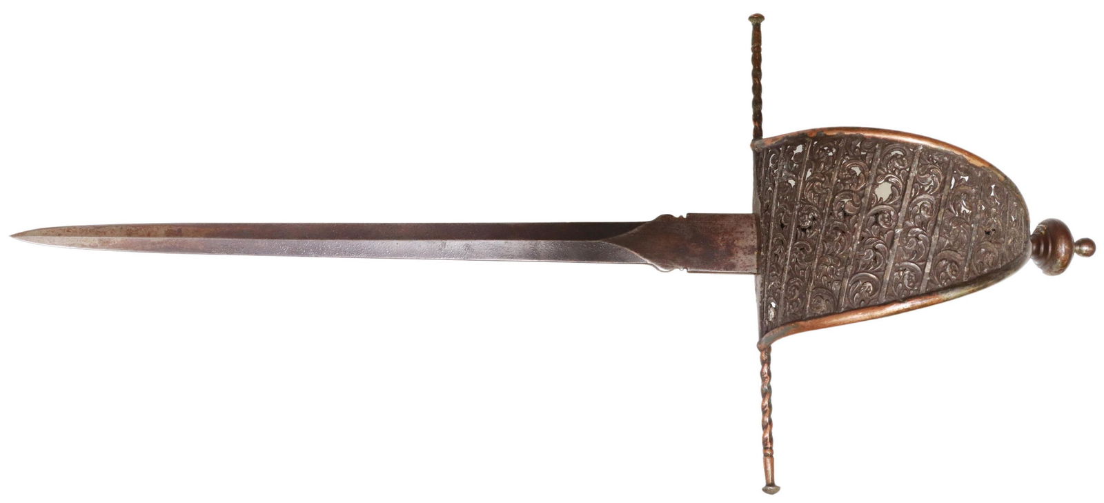 PARRYING LEFT HAND DAGGER: Parrying left hand dagger having an unmarked 14.25" blade, copper cross guard with a copper framed knuckle shield with openwork foliate decoration, the wire wrapped handle ending at the finial pommel,