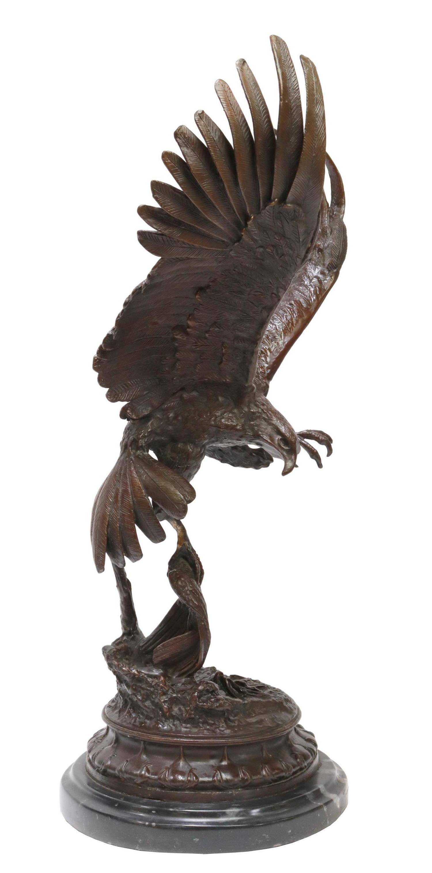 AFTER JULES MOIGNIEZ (D.1894) BRONZE FALCON, 25"H: Patinated bronze sculpture, Falcon with Prey, signed in cast after Jules Moigniez (French, 1835-1894), numbered 21/ 100, on a marble base, overall: approx 25"h, 17"w, 10.25"d, 35lbs Start Price: $200.