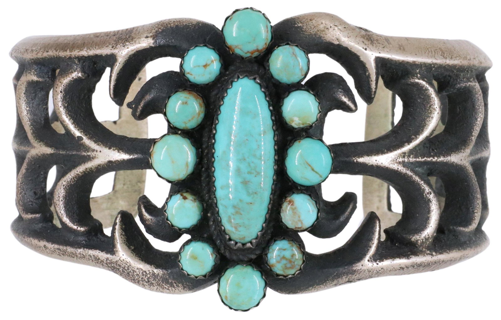ALBERT & JEANETTE BROWN NAVAJO TURQUOISE CUFF: Native American sterling silver cuff, Albert and Jeanette Brown (Navajo/ Dine, 20th c.), tufa cast bracelet, set with turquoise cabochons, approx 1.5"w, interior (end to end): approx 5.5"l, gap: appro