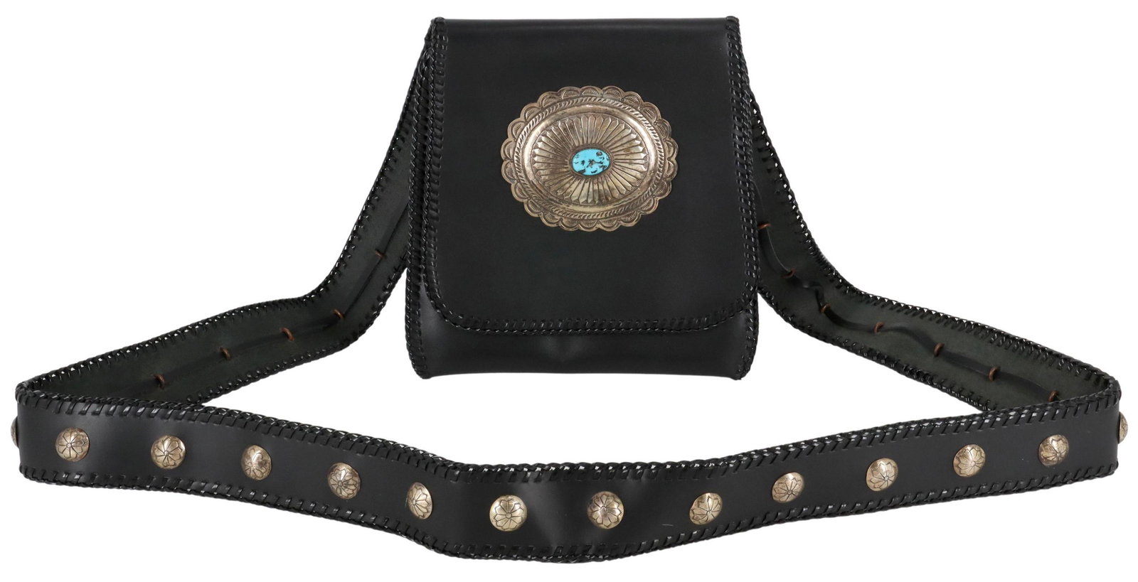 NAVAJO C. LEE (ATTR) BLACK LEATHER BANDOLIER BAG: Native American leather bandolier bag, attributed by consigner to Cecil Lee (Navajo, 20th c.), front flap with stamped silver concho (content unknown) centering turquoise cabochon, shoulder strap with