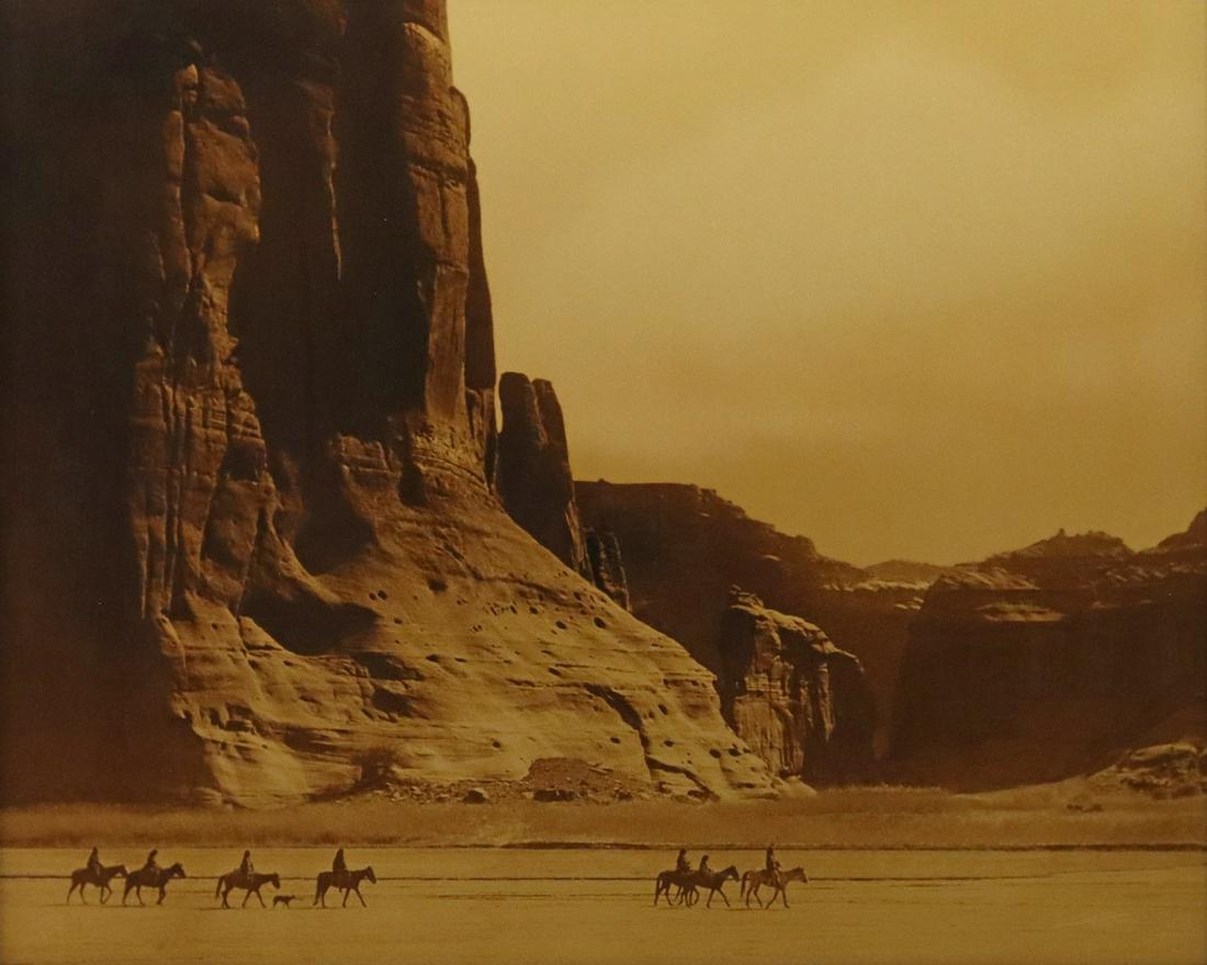 PHOTOGRAPH AFTER EDWARD CURTIS, "CANYON DE CHELLY": Framed "Goldtone" photograph "Canyon de Chelly" after the 1904 original photograph by Edward Sheriff Curtis (Wisconsin, 1868-1952), made from Curtis' original negative for the Curtis Centennial Projec