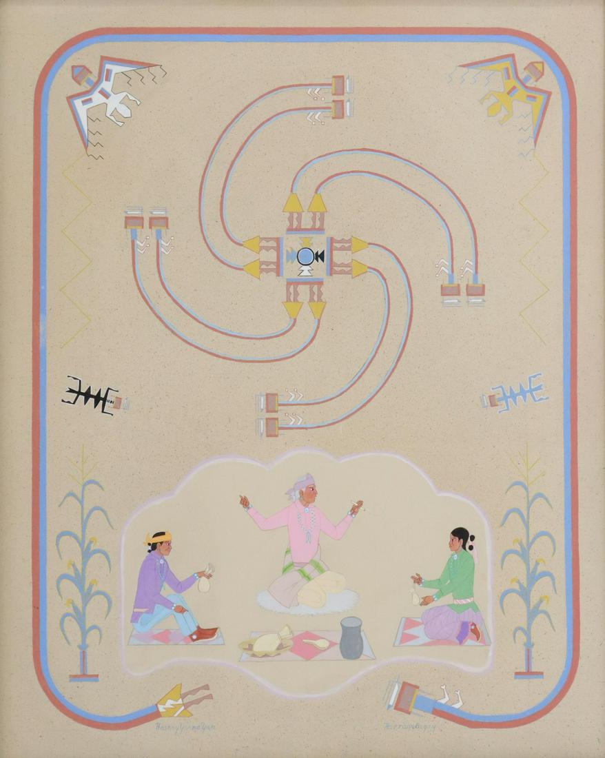 HARRISON BEGAY (D.2012) GOUACHE STORY TELLER: Framed gouache painting on paper, "Story Teller - The Rain-bow Girls," signed lower left Haskay Yahne Yah, signed lower right Harrison Begay (Navajo/ Dine, 1914/1917-2012), titled verso, sight: approx