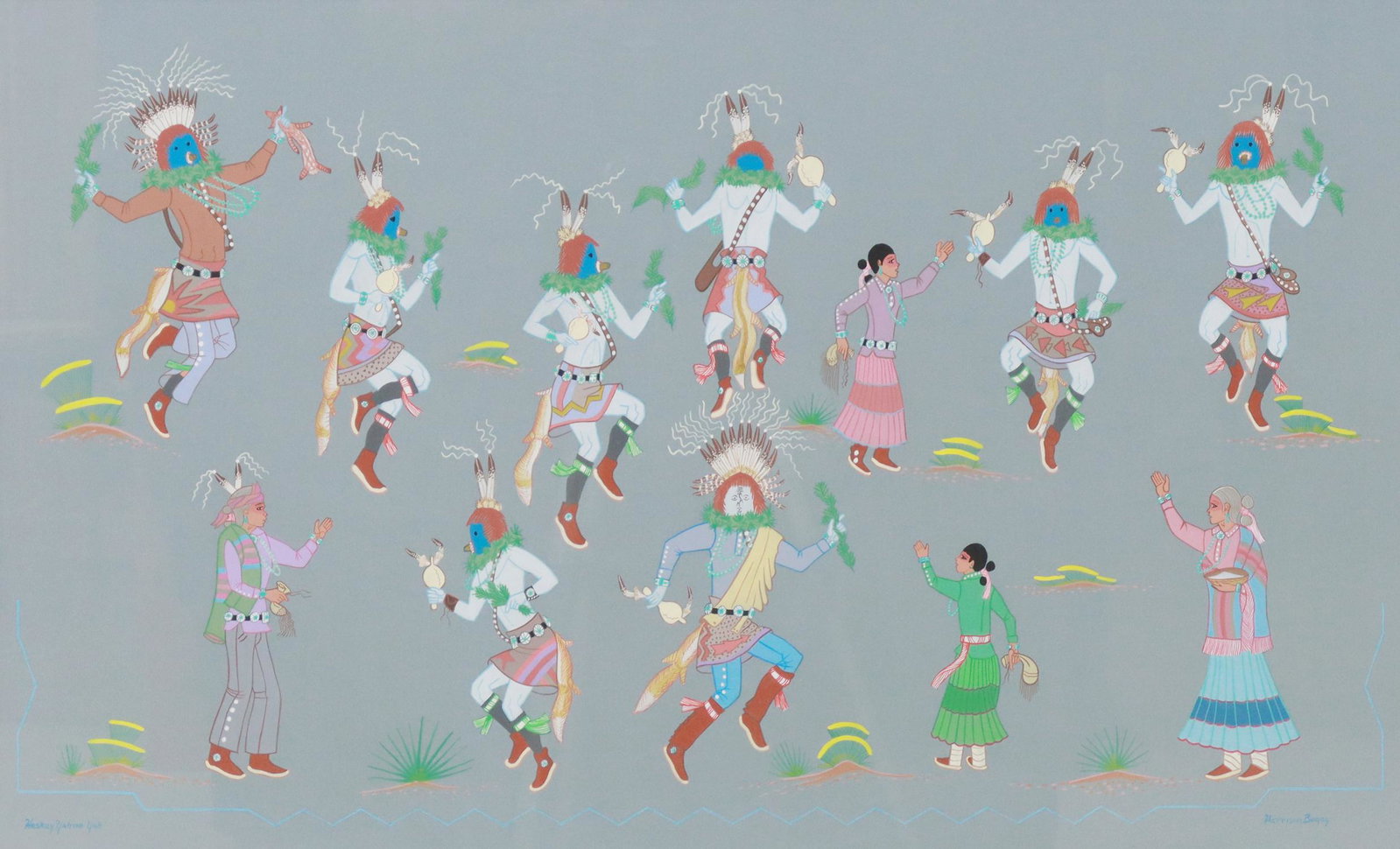 HARRISON BEGAY (D.2012) GOUACHE YEIBICHAI DANCE: Framed gouache painting on paper, Yeibichai Dancers, signed lower left Haskay Yahne Yah, signed lower right Harrison Begay (Navajo/ Dine, 1914/1917-2012), sight: approx 18.75"h, 30.75"w, overall: 25.7