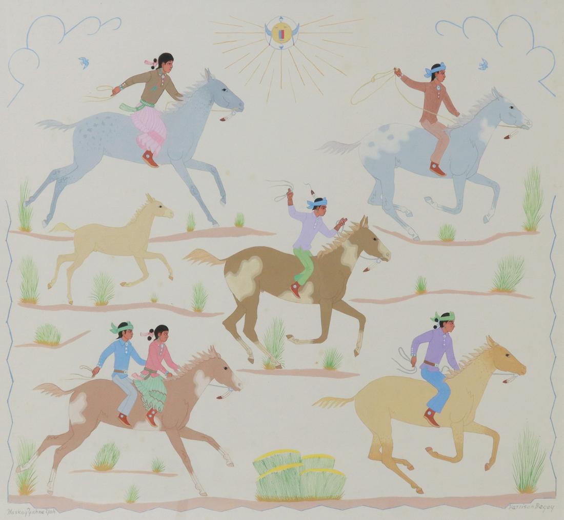 HARRISON BEGAY (D.2012) GOUACHE ROPING HORSES: Framed gouache painting on paper, Roping Horses, signed lower left Haskay Yahne Yah, signed lower right Harrison Begay (Navajo/ Dine, 1914/1917-2012), sight: approx 25.75"h, 27.75"w, overall: 36"h, 38