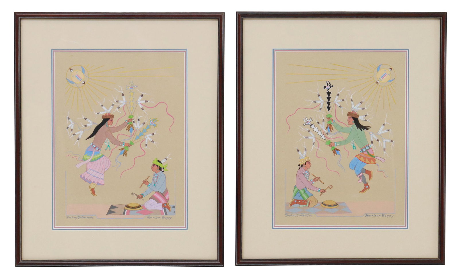 (2) HARRISON BEGAY (D.2012) GOUACHE FEATHER DANCE: (lot of 2) Framed gouache paintings on paper, signed lower left Haskay Yahne Yah, signed lower right Harrison Begay (Navajo/ Dine, 1914/1917-2012), (1) "Boy Cloud-Symbol Feather Dancer and Singer-Drum