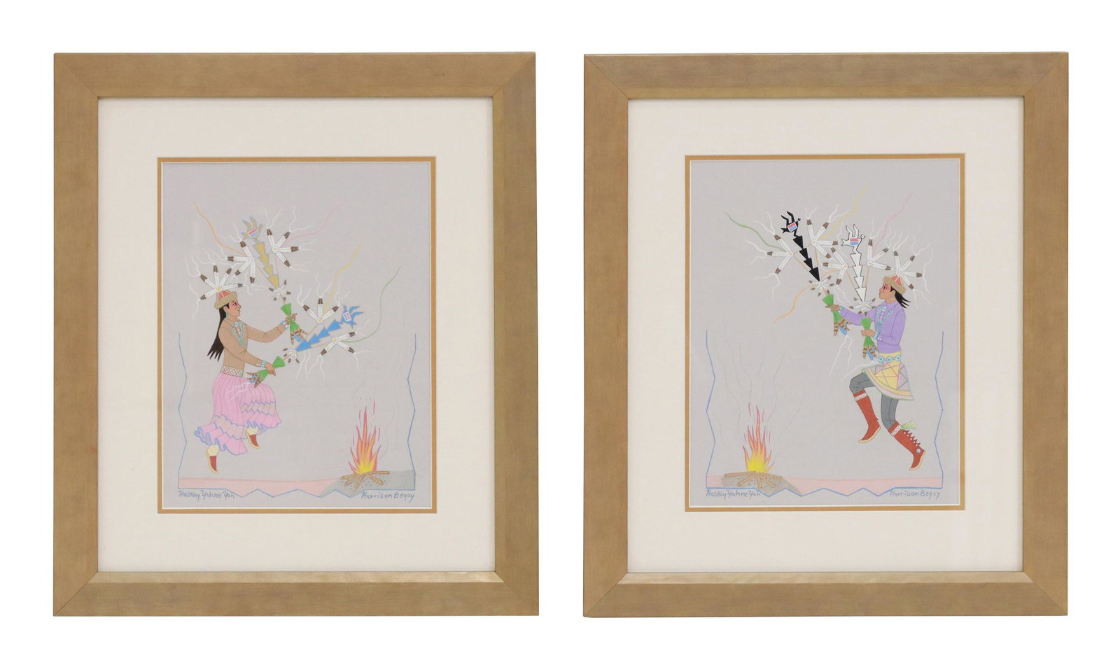 (2) HARRISON BEGAY (D.2012) GOUACHE FEATHER DANCE: (lot of 2) Framed gouache paintings on paper, Feather Dancers, signed lower left Haskay Yahne Yah, signed lower right Harrison Begay (Navajo/ Dine, 1914/1917-2012), sight: approx 10 7/8"h, 8 3/8"w, ov