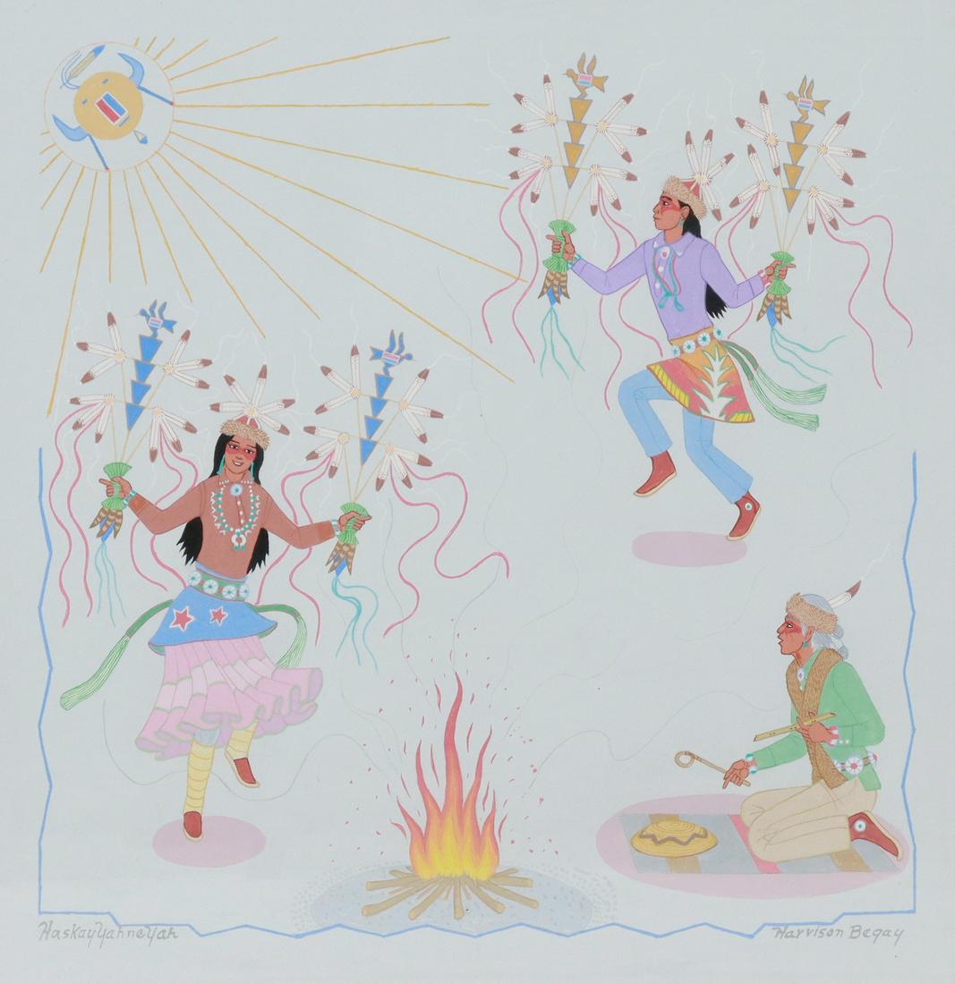 HARRISON BEGAY (D.2012) GOUACHE FEATHER DANCE: Framed gouache painting on paper, Feather Dance, signed lower left Haskay Yahne Yah, signed lower right Harrison Begay (Navajo/ Dine, 1914/1917-2012), sight: approx 21.5"h, 20.75"w, overall: 29.5"h, 2
