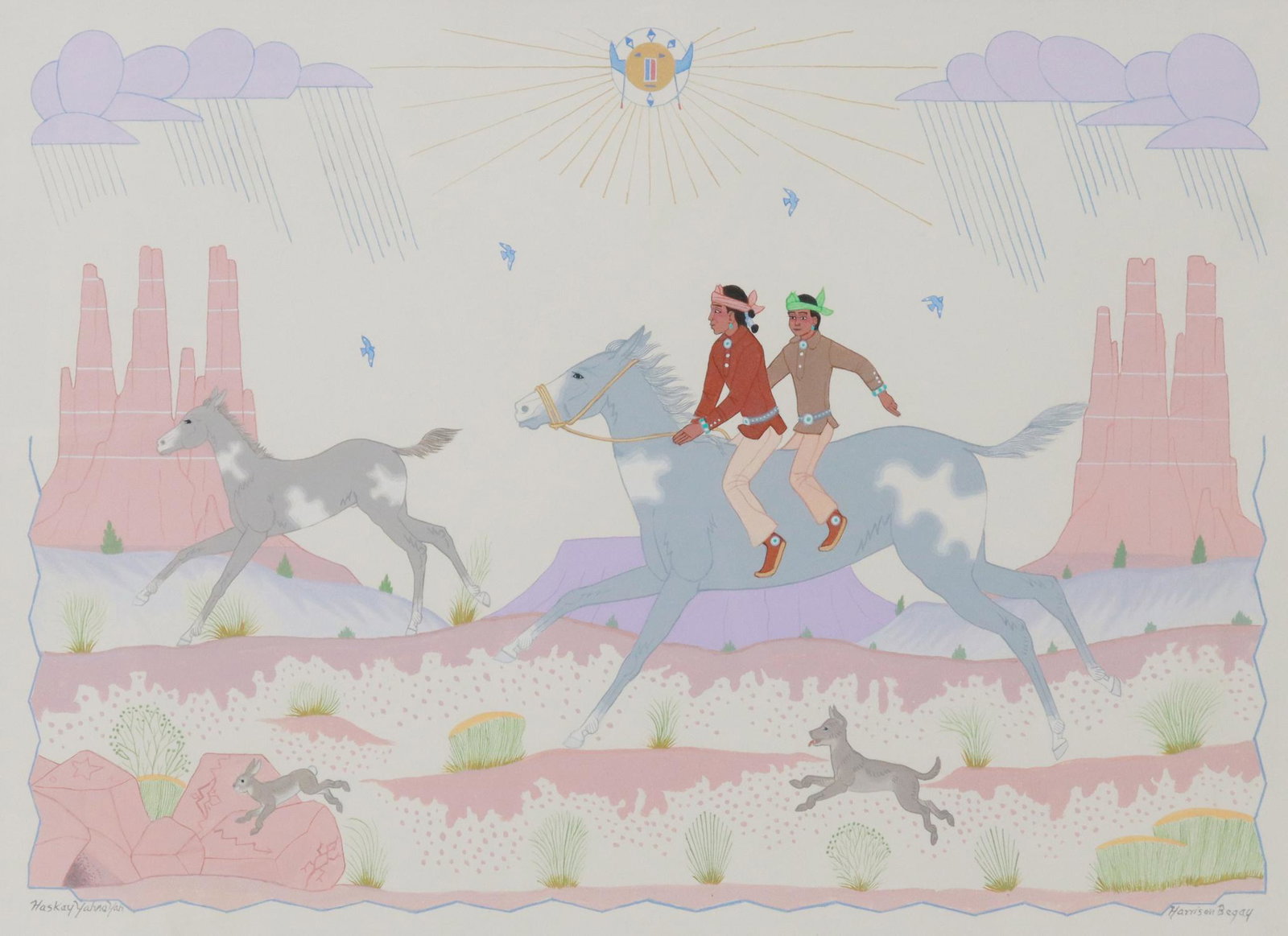 HARRISON BEGAY (D.2012) GOUACHE BOYS ON HORSEBACK: Framed gouache painting on paper, Two Boys on Horseback with Dog, signed lower left Haskay Yahne Yah, signed lower right Harrison Begay (Navajo/ Dine, 1914/1917-2012), sight: approx 20.25"h, 27.75"w, 