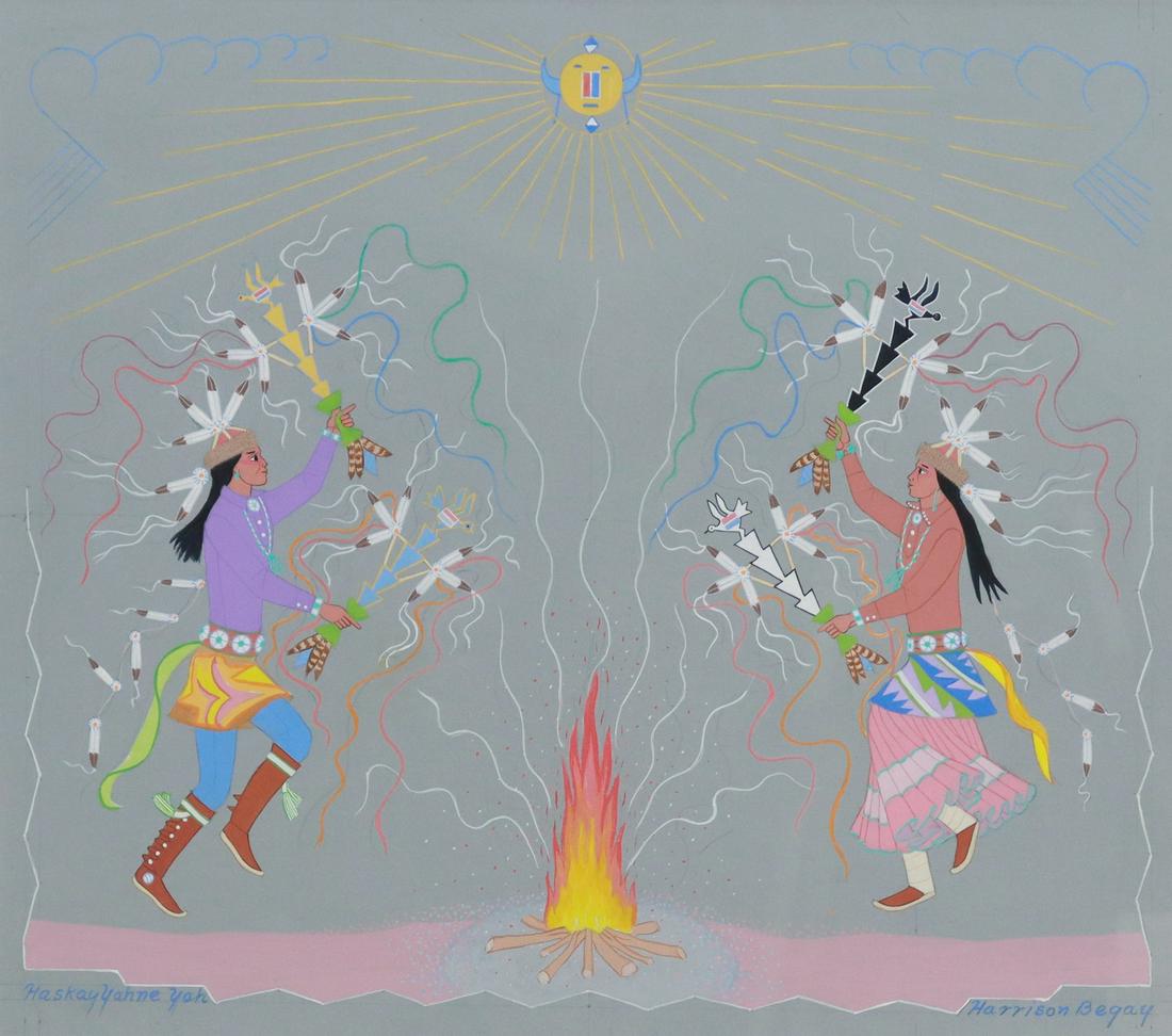 HARRISON BEGAY (D.2012) GOUACHE FEATHER DANCE: Framed gouache painting on paper, Feather Dance, signed lower left Haskay Yahne Yah, signed lower right Harrison Begay (Navajo/ Dine, 1914/1917-2012), sight: approx 17.75"h, 20"w, overall: 26.5"h, 28.