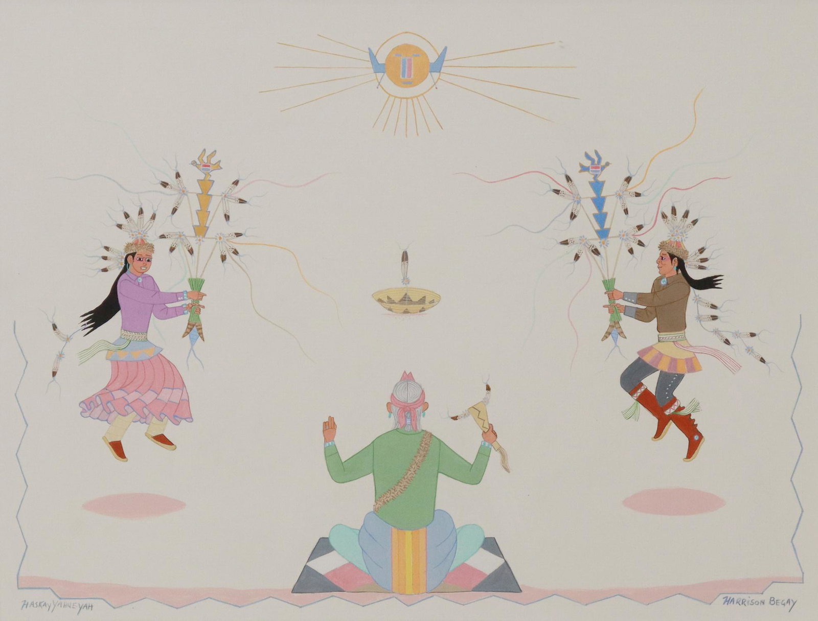 HARRISON BEGAY (D.2012) GOUACHE FEATHER DANCE: Framed gouache painting on paper, Feather Dance, signed lower left Haskay Yahne Yah, signed lower right Harrison Begay (Navajo/ Dine, 1914/1917-2012), sight: approx 15"h, 19.75"w, overall: 25.5"h, 30.