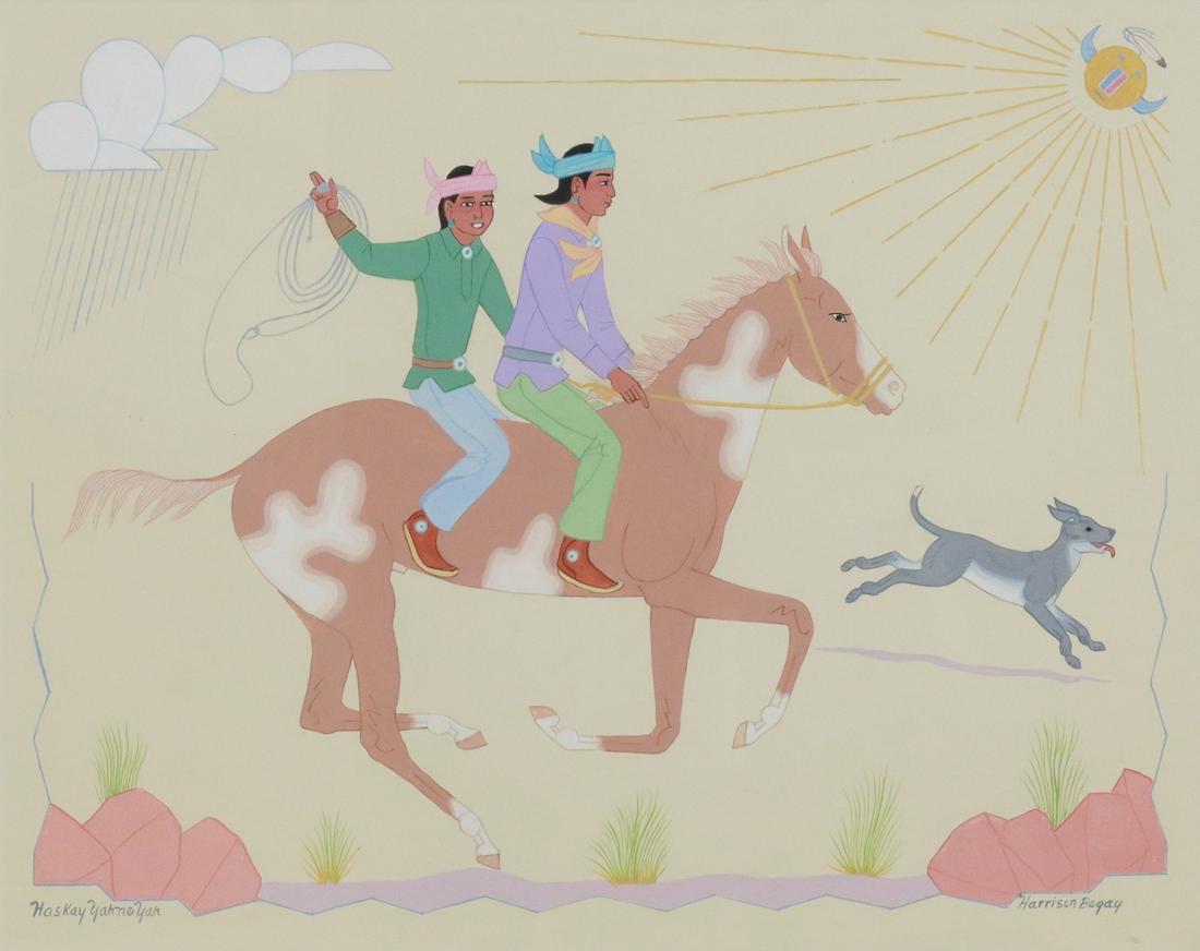 HARRISON BEGAY (D.2012) GOUACHE BOYS ON HORSEBACK: Framed gouache painting on paper, Two Boys on Horseback with Dog, signed lower left Haskay Yahne Yah, signed lower right Harrison Begay (Navajo/ Dine, 1914/1917-2012), sight: approx 14.75"h, 18.5"w, o