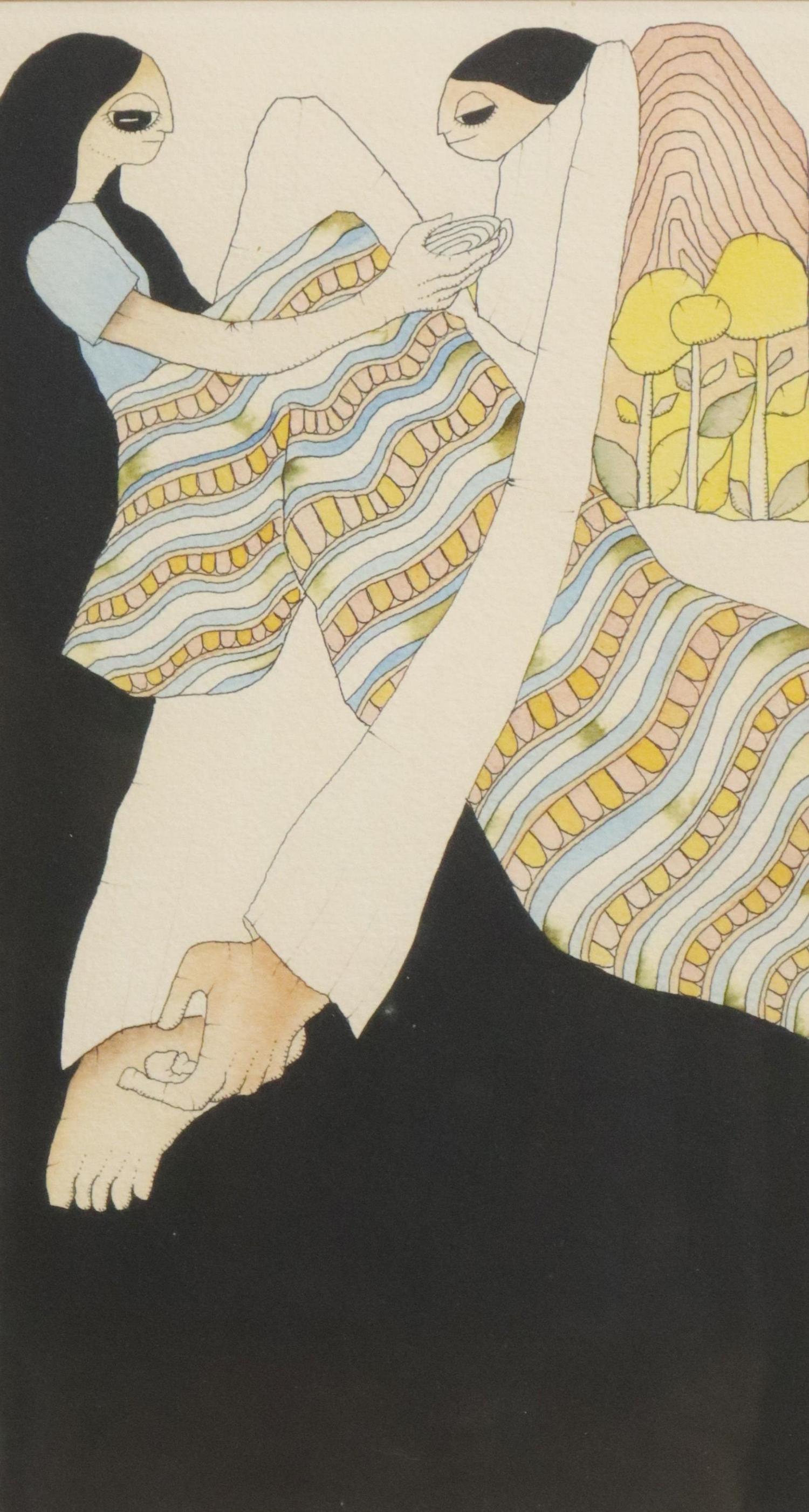 AMADO MAURILIO PENA, JR. (B.1943) WATERCOLOR: Framed ink and watercolor painting on paper, Couple with Flowers, signed lower left Amado Maurilio Pena, Jr. (Texas, Arizona, b.1943), dated 1976, water staining to mat at lower margin, sight: approx 