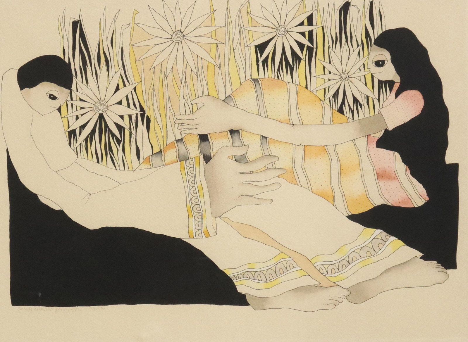 AMADO MAURILIO PENA, JR. (B.1943) WATERCOLOR: Framed ink and watercolor painting on paper, Couple with Flowers, signed lower left Amado Maurilio Pena, Jr. (Texas, Arizona, b.1943), dated 1976, sight: approx 16"h, 22"w, overall: 24"h, 30"w, 9.25lb