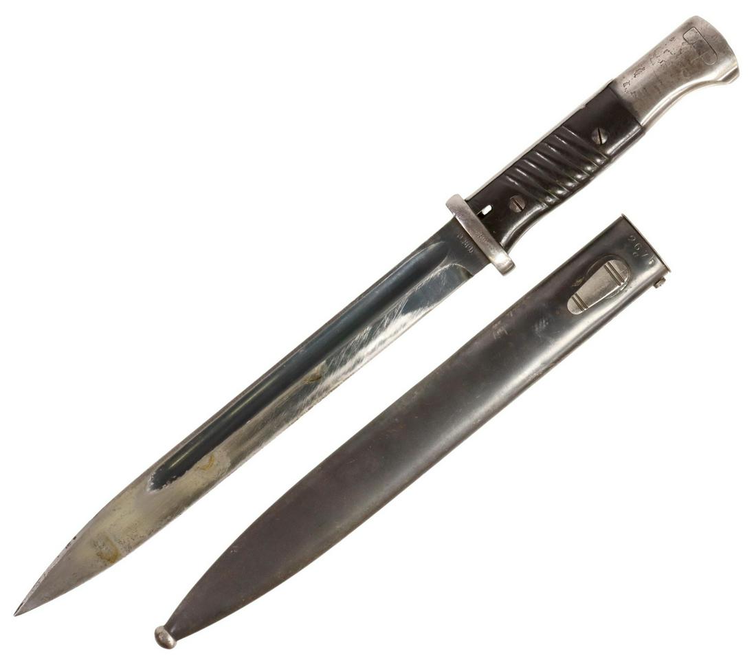 NAZI K98 BAYONET, JETTER & SCHERRER 1936, SCARCE: German S84/98 bayonet, for the K98 rifle, a 10" blade with full at each side, the ricasso marked "J.Sch (Jetter und Scherrer, Baden-WÃ¼rttemberg, Germany), the opposite ricsso with inspection mark '