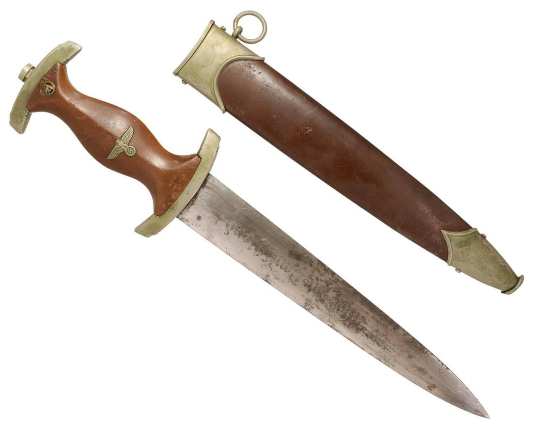 GERMAN NAZI SA DAGGER & SCABBARD: German Nazi SA (Sturmabteilung) dagger and scabbard, blade marked "Alles fÃ¼r Deutschland", marked at the ricasso of the opposite side the maker's logo of Justinuswerk Solingen", the handle with the