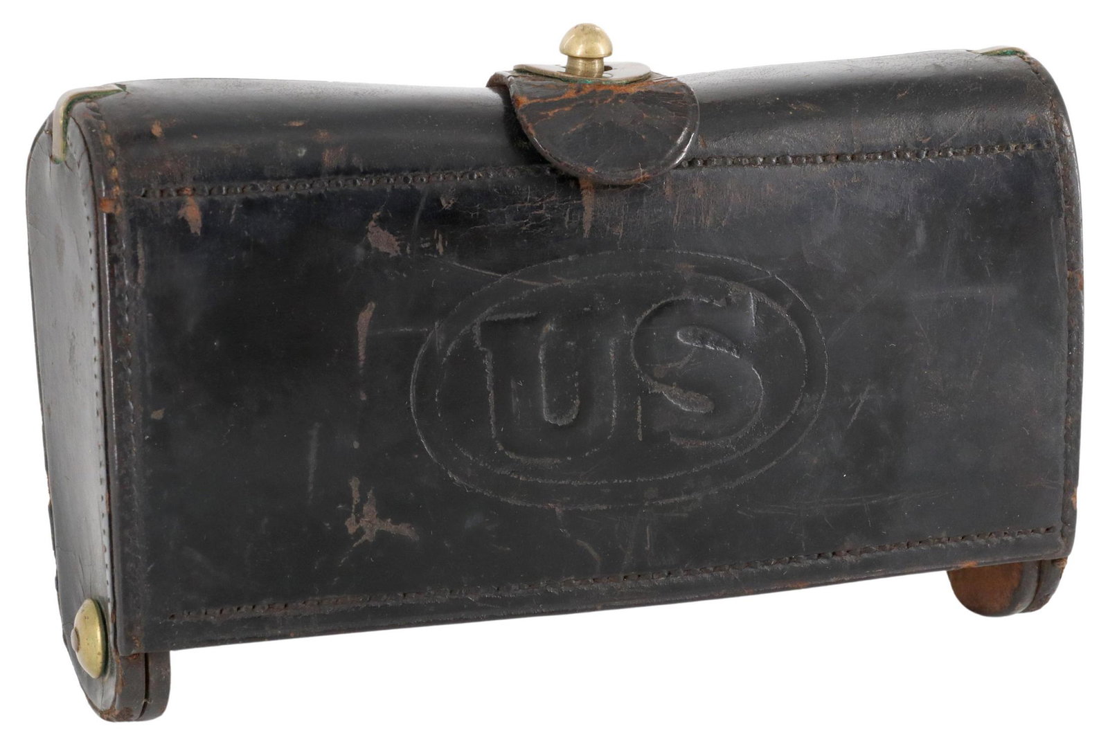 U.S. ARMY MODEL 1874 CARTRIDGE BOX & WORK TOOL: U.S. Cartridge Box, Model 1874, black leather with "US in oval at front, a leather flap folds onto the brass finial fore closed security, front and back fole open on a lower brass hinge rod to reveal 
