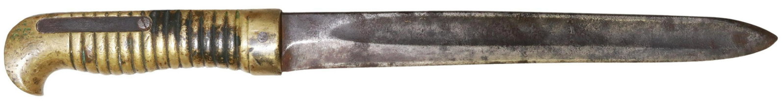 1863 REMINGTON BAYONET CUT DOWN FIGHTING KNIFE: Remington Model 1863 Zouave bayonet reduced from 20" to 8.5/8" as a knife, the blade is black and silver tone, the letter "S" visible at the ricasso with a loupe, the guard has been removed, the cast 