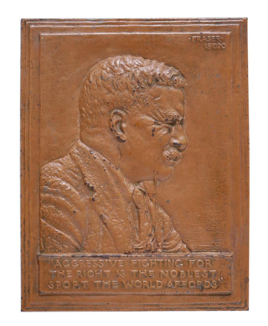 AFTER FRASER THEODORE ROOSEVELT BAS RELIEF PLAQUE: Cast iron bas relief plaque in a bronze patina, Theodore (Teddy) Roosevelt Jr. (26th president of the United States, 1858-1919), signed in cast after Fraser (James Earle Fraser, American, 1876-1953), 