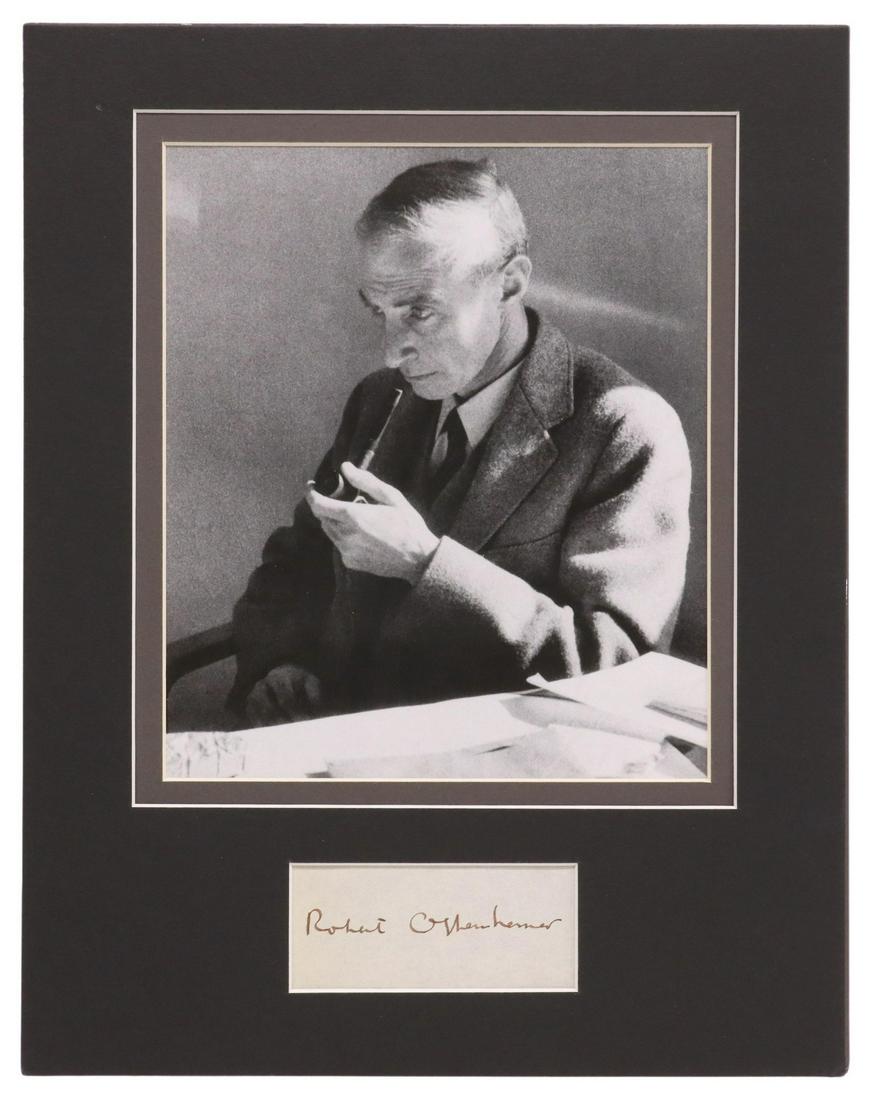 AUTOGRAPH, J. ROBERT OPPENHEIMER, ATOMIC BOMB: Framed photo and autograph of Dr. Robert Oppenheimer (Julius Robert Oppenheimer, New York, 1904-1967), controversial theoretical physicist and highly involved in the Manhattan Project, the development