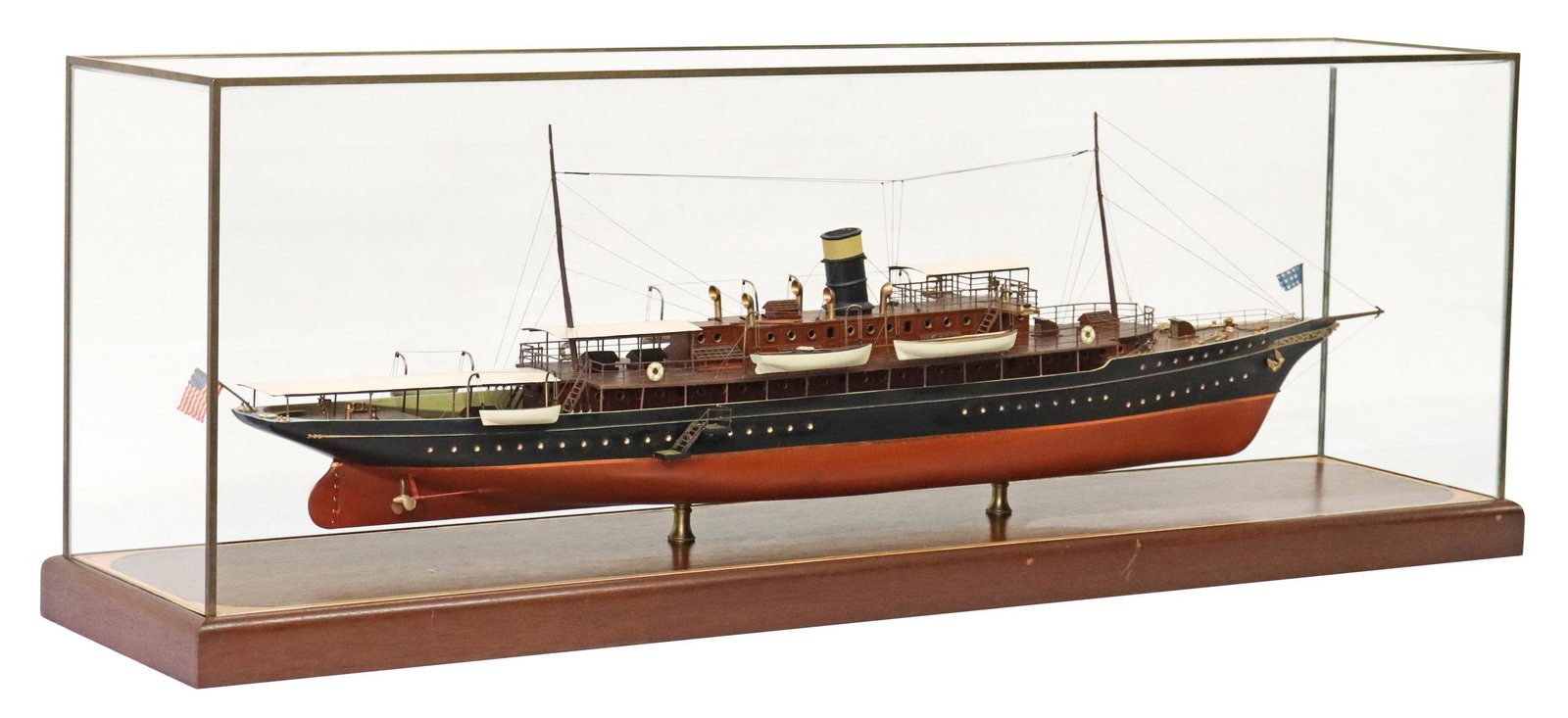 LARGE CASED U.S. STEAM YACHT MODEL SHIP, 50.5"W: Large cased steam yacht ship model, flying the American flag and Jack of the United States, accessorized with life boats, inset in glazed display case, on base with inlaid border and corners, approx 1