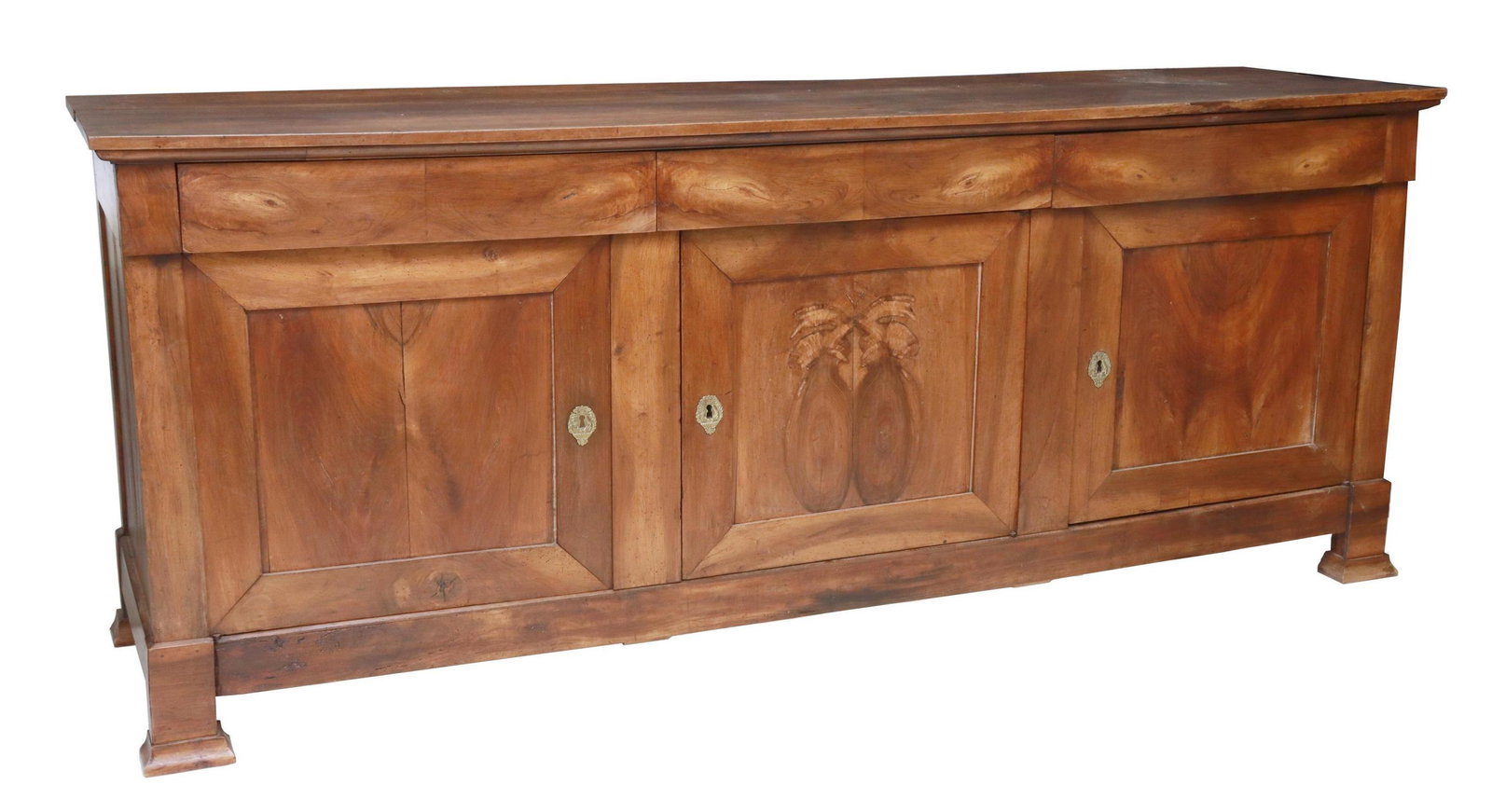 FRENCH LOUIS PHILIPPE PERIOD WALNUT SIDEBOARD: French Louis Philippe period walnut sideboard, mid 19th c., having three drawers, over three cabinet doors, opening to shelved interior, rising on bracket feet, restoration to one back leg, approx 39 