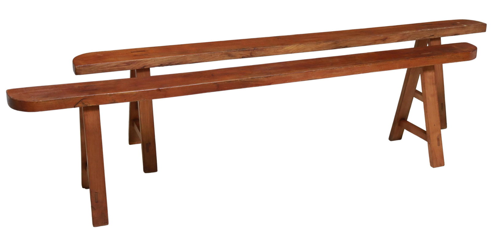 (2) FRENCH PROVINCIAL TRESTLE BENCHES, 79"L: (lot of 2) French Provincial trestle benches, early 20th c., having single plank seat, mortise and tenon joints, rising on A-frame supports, approx 19.5"h, 78.75"l, 13.5"d Start Price: $200.00