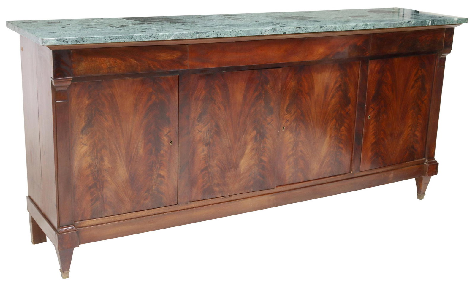 FRENCH MARBLE-TOP FLAME MAHOGANY SIDEBOARD: French flame mahogany marble top sideboard, 20th c., fitted with three felt-lined drawers, over three cabinets, rising on tapered legs, ending on capped feet, approx 37 1/8"h, 79 3/8"w, 19.25"d Start 