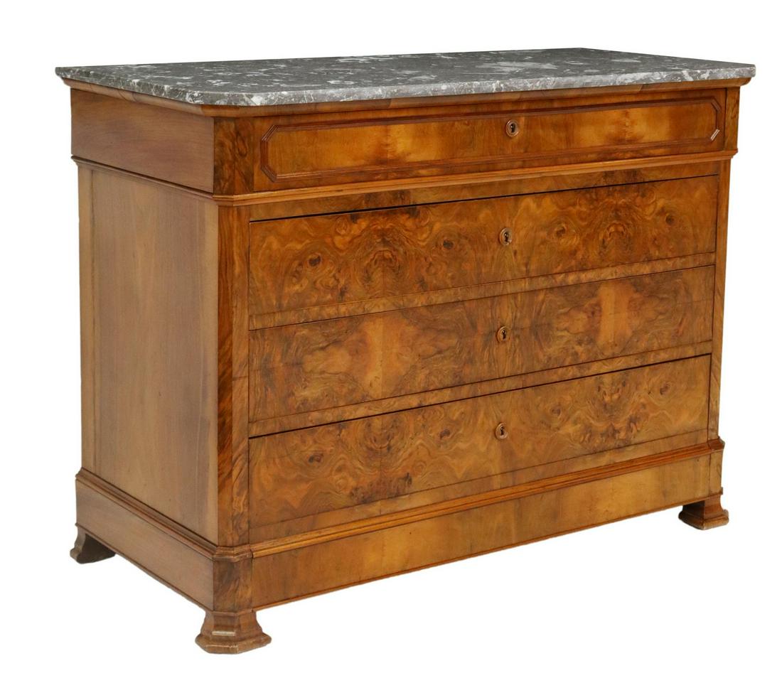 FRENCH LOUIS PHILIPPE PERIOD BURLWOOD COMMODE: French Louis Philippe period burled walnut commode, mid 19th c., having marble top, frieze drawer, over three additional drawers, rising on bracket feet, some loss to escutcheons, approx 38.25"h, 51.2