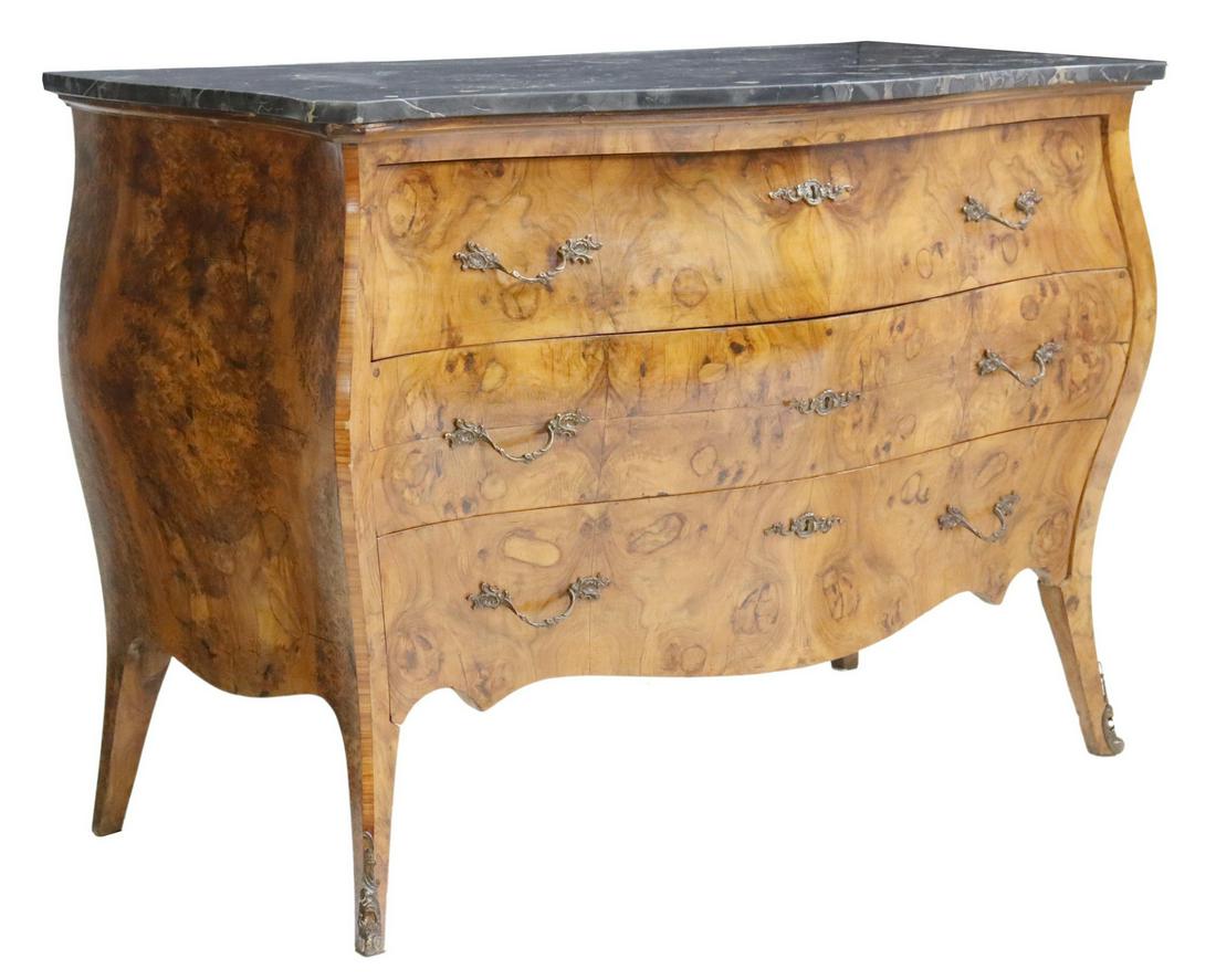 ITALIAN LOUIS XV STYLE MARBLE-TOP BOMBE COMMODE: Italian Louis XV style marble-top commode, 20th c., bombe case in highly figured burlwood veneers, three drawers, rising on French bracket feet, ending in front sabots, approx 36"h, 51.75"w, 24.25"d S