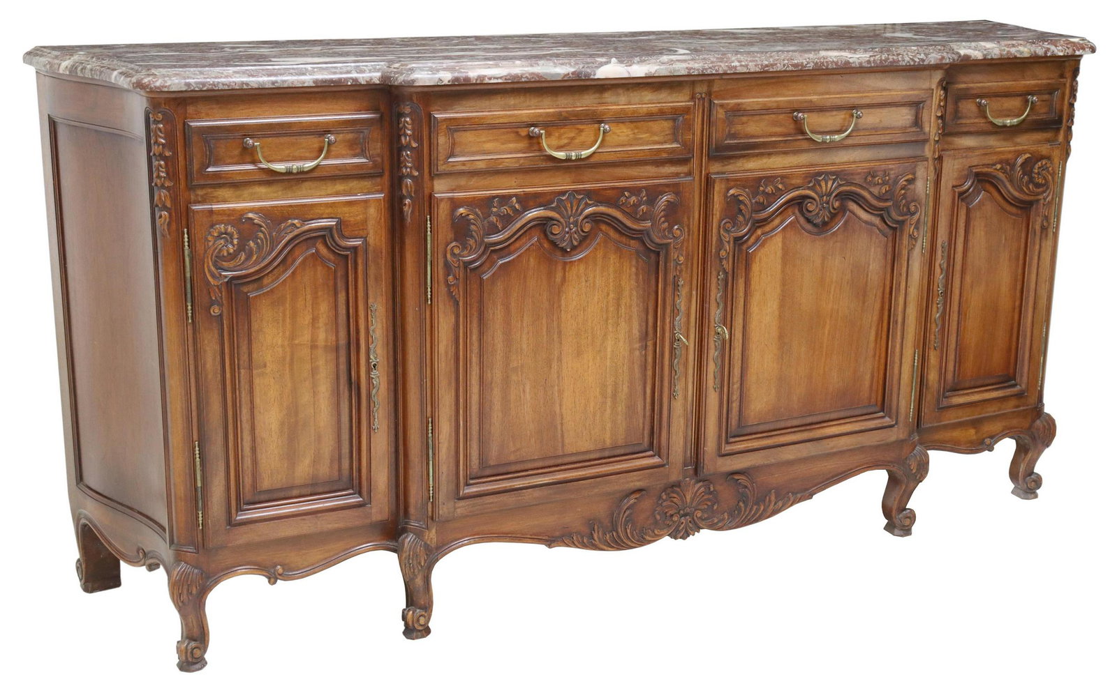 FRENCH PROVINCIAL LOUIS XV STYLE WALNUT SIDEBOARD: French Provincial Louis XV style walnut sideboard, 20th c., having marble top, four drawers, over four cabinets, faced with carved foliates, rising on cabriole legs, ending on whorl feet, approx 41.5"