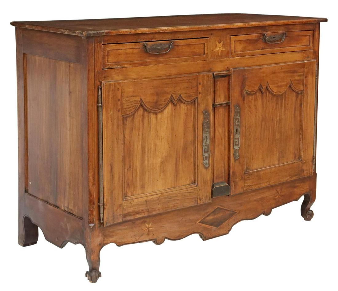 FRENCH PROVINCIAL LOUIS XV STYLE WALNUT SIDEBOARD: French Provincial Louis XV style walnut sideboard, 19th c., plank top, two top drawers, over dual cabinets, opening to shelved interior, all fabric lined, rising on cabriole legs, ending on whorl feet