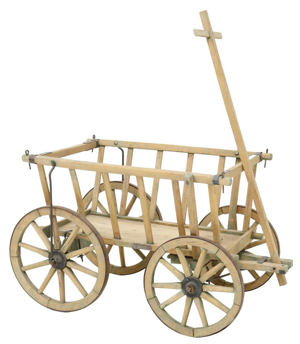 IRON-STRAPPED WOOD GOAT CART: Iron-strapped wood goat cart, early 20th c., with slatted sides, iron-bound spoked wheels, approx 22.75"h, 40"w, 23.25"d (measurements not including pulling bar) Start Price: $100.00