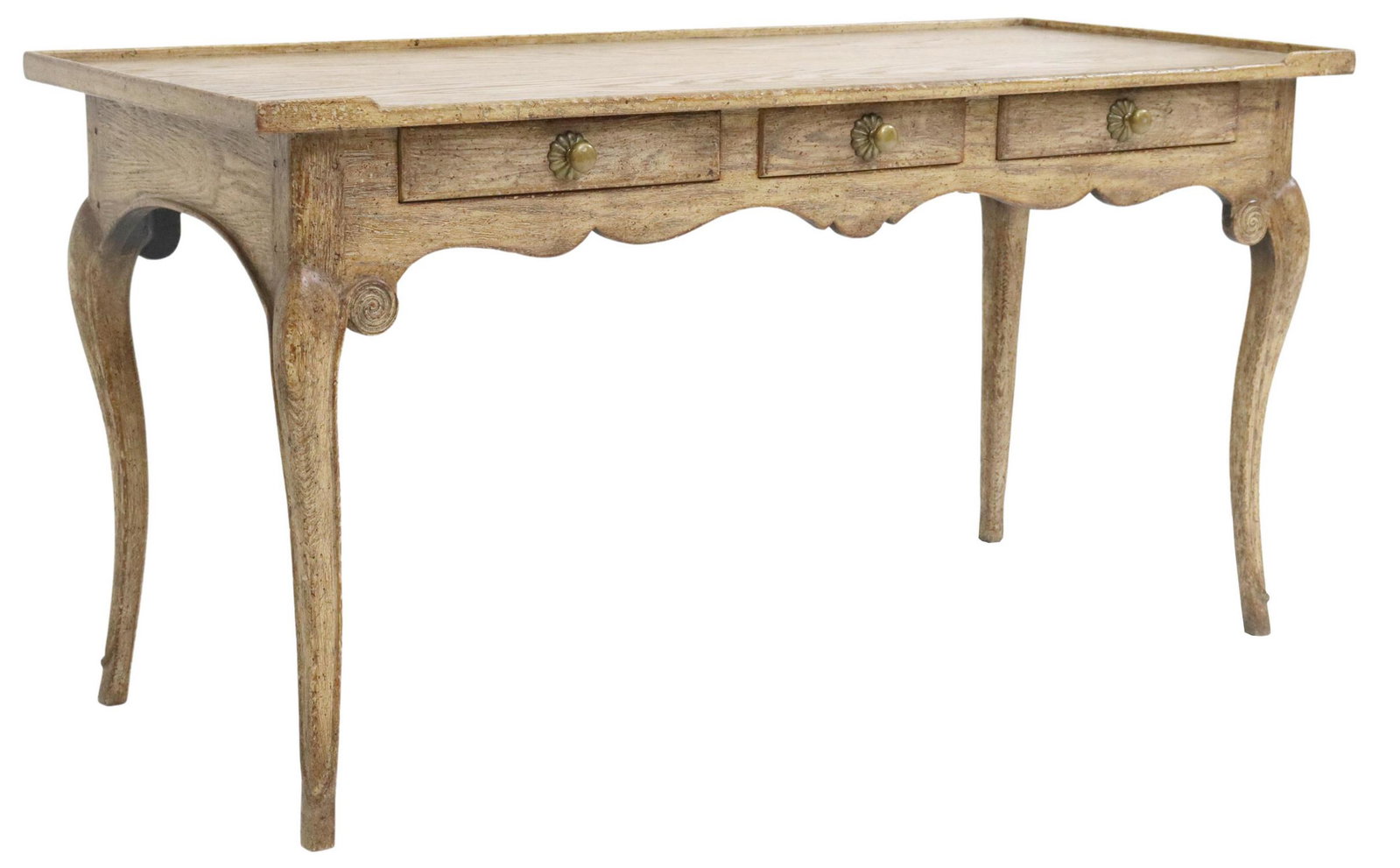 LOUIS XV STYLE OAK HALL TABLE IN ANTIQUE FINISH: Louis XV style oak hall table, 20th c., in an antique finish, having rectangular top with gallery, over three drawers, rising on cabriole legs, approx 30"h, 58 1/8"w, 24.5"d Start Price: $150.00
