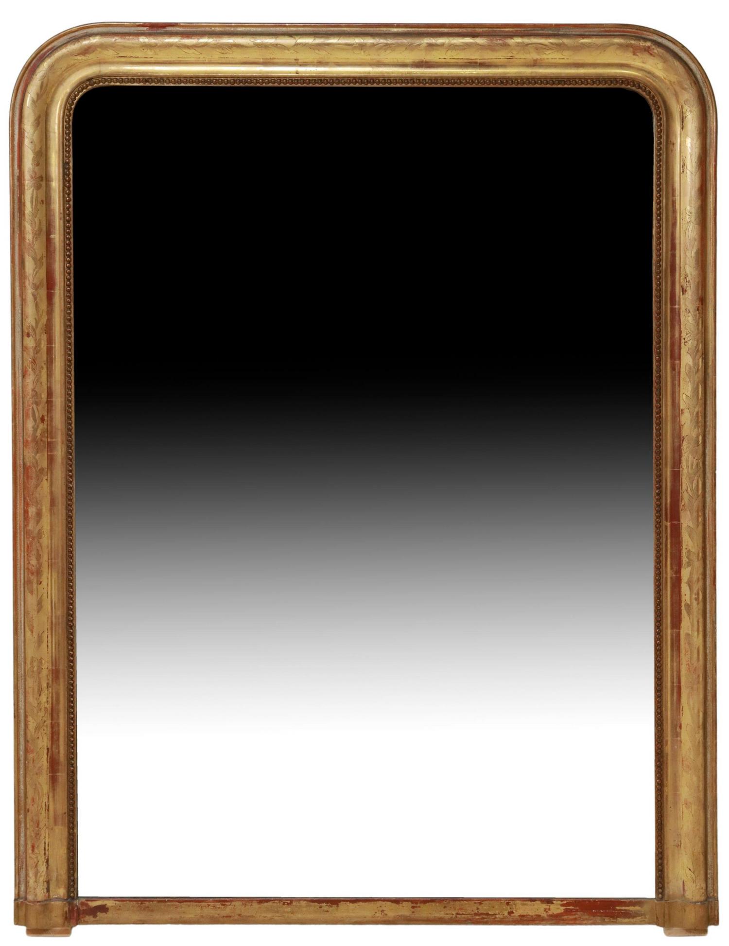 FRENCH LOUIS PHILIPPE PERIOD GILTWOOD MIRROR: French Louis Phillipe period giltwood wall mirror, mid 19th c., having shaped floral embossed frame, with beaded trim, encasing flat mirror plate, approx 54.75"h, 45.25"w, lbs Start Price: $600.00