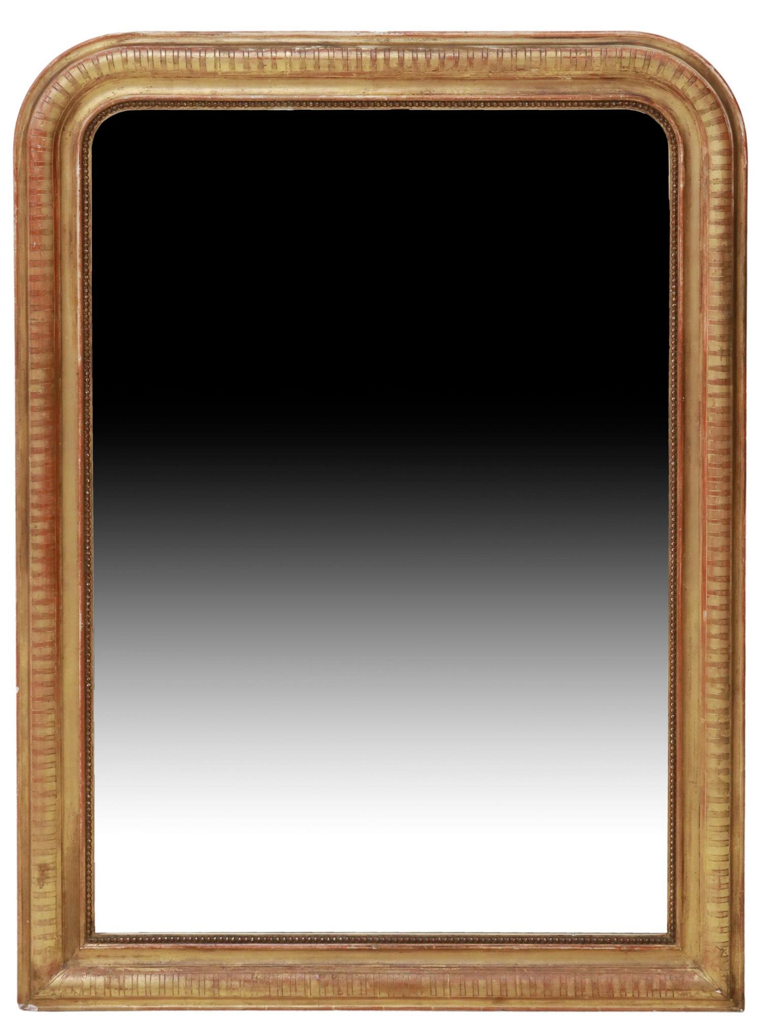 FRENCH LOUIS PHILIPPE PERIOD WOOD WALL MIRROR: French Louis Philippe period wood wall mirror, mid 19th c., worn frame with running ornamentation, beaded interior trim, encasing flat mirror plate, approx 46.25"h, 33.75"w, 40.5lbs Start Price: $300.