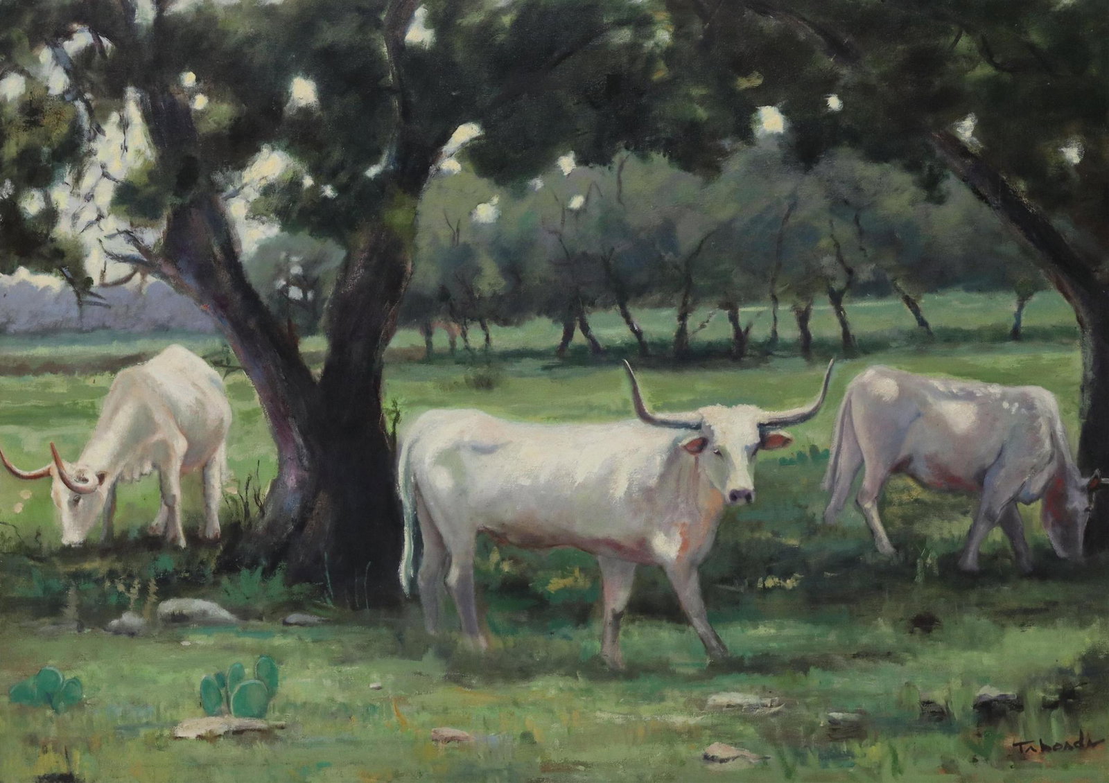 PABLO TABOADA (D.2015) LONGHORNS GRAZING PAINTING: Framed oil painting on board, Longhorns Grazing, signed lower right Taboada (Pablo Cristian Taboada, Chile/ Texas,1955-2015), sight: approx 30"h, 42"w, overall: 30.75"h, 51.75"w Start Price: $400.00