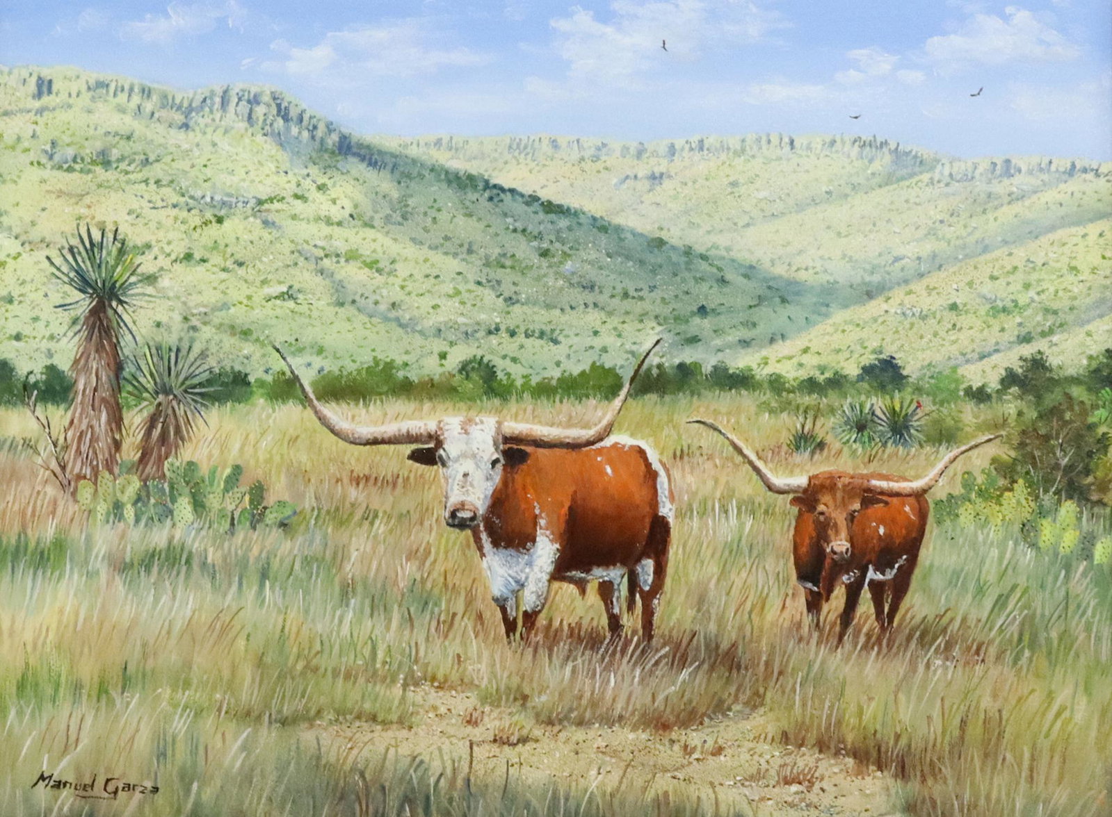 MANUEL GARZA (B.1940) THE PRIDE OF TEXAS 12" X 16": Framed oil on canvas painting, "The Pride of Texas," signed lower left Manuel Garza (Texas, b.1940), sight: approx 11.75"h, 15.75"w, overall: approx 20.5"h, 24.5"w, 6.25lbs Start Price: $1,200.00